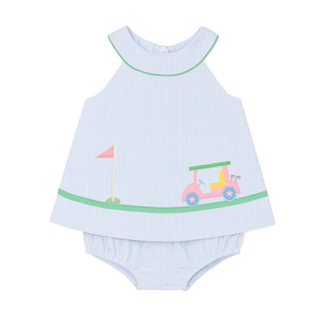 Children's light blue checkered romper with golf-themed design on a white background