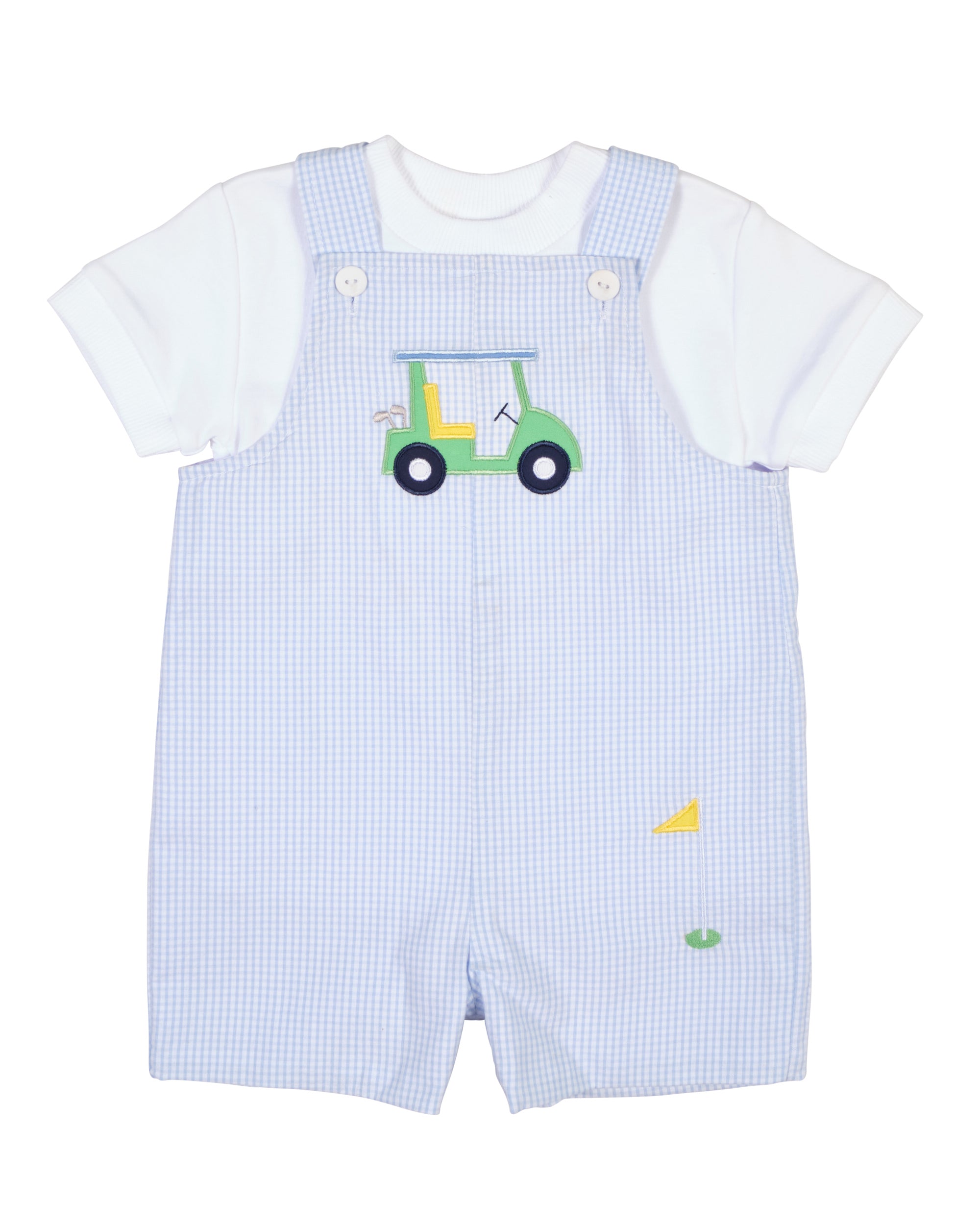 Check Seersucker Shortall With Golf Cart