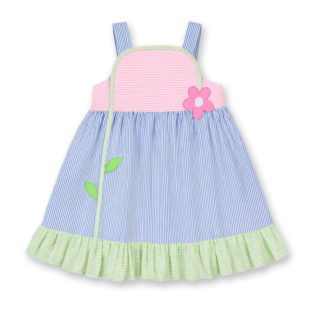 Children's dress with blue and white striped pattern, pink floral details, and green accents on a white background