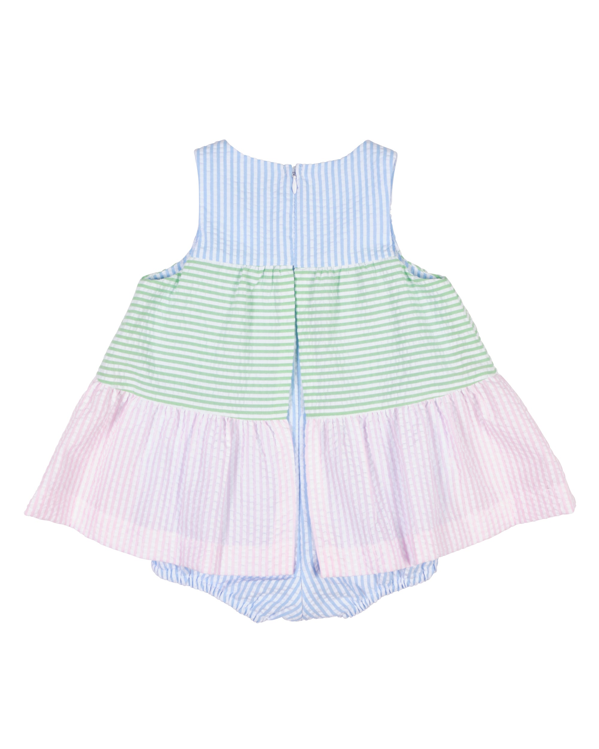 Back of multicolored dress with striped pattern on a white background