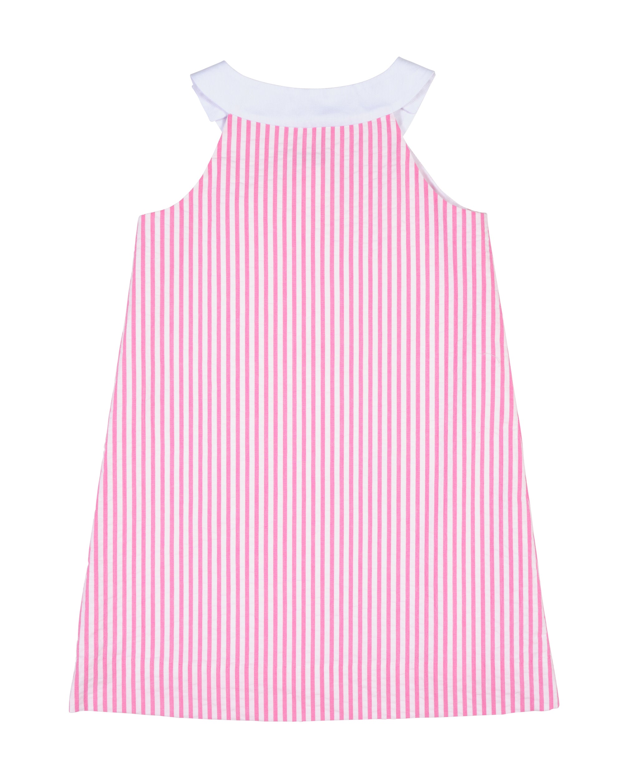 Pink and white striped dress with a white collar on a white background