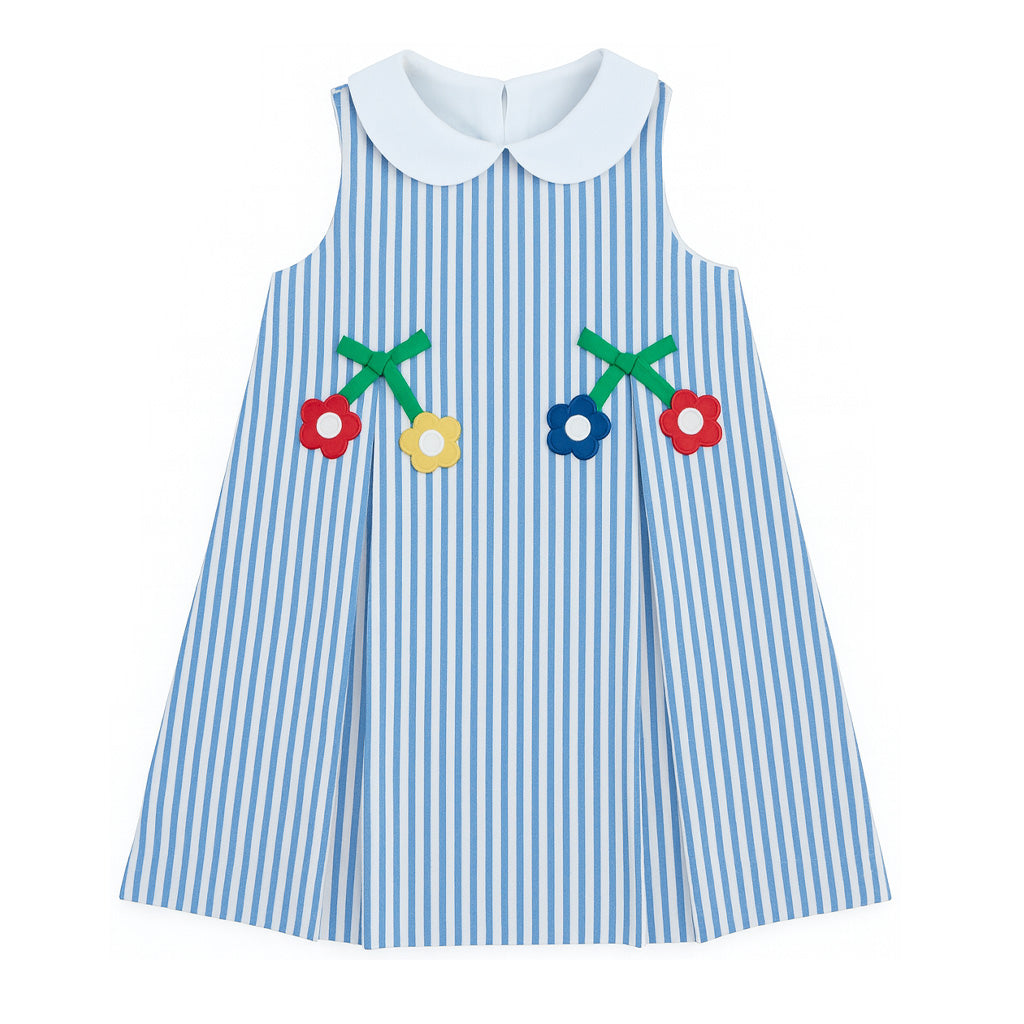 Blue and white striped dress with colorful flower appliqués on a white background