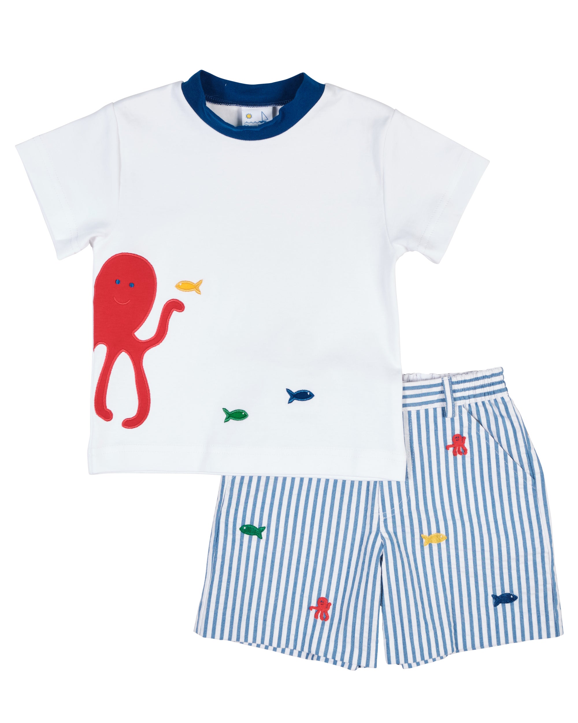 Seersucker Short With Embroidered Sea Creatures