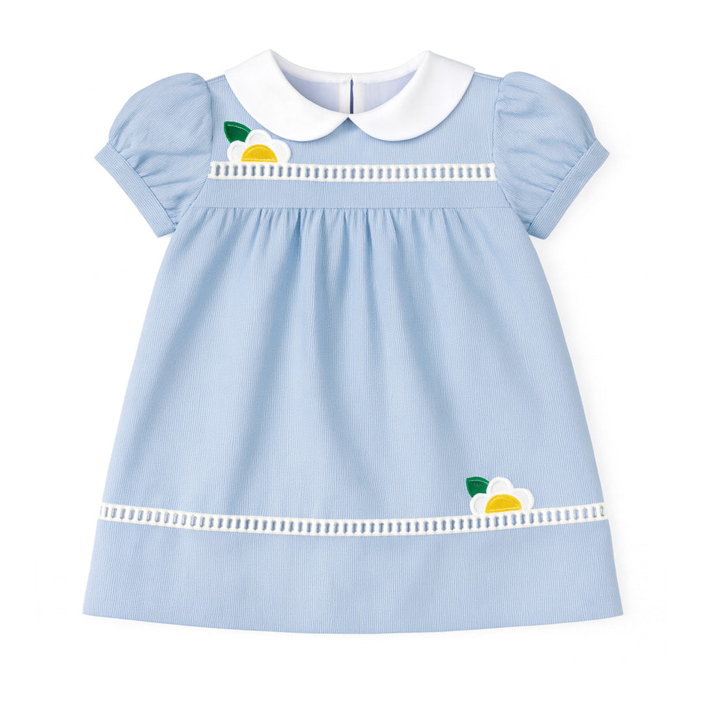 Light blue dress with white collar and floral details on a white background