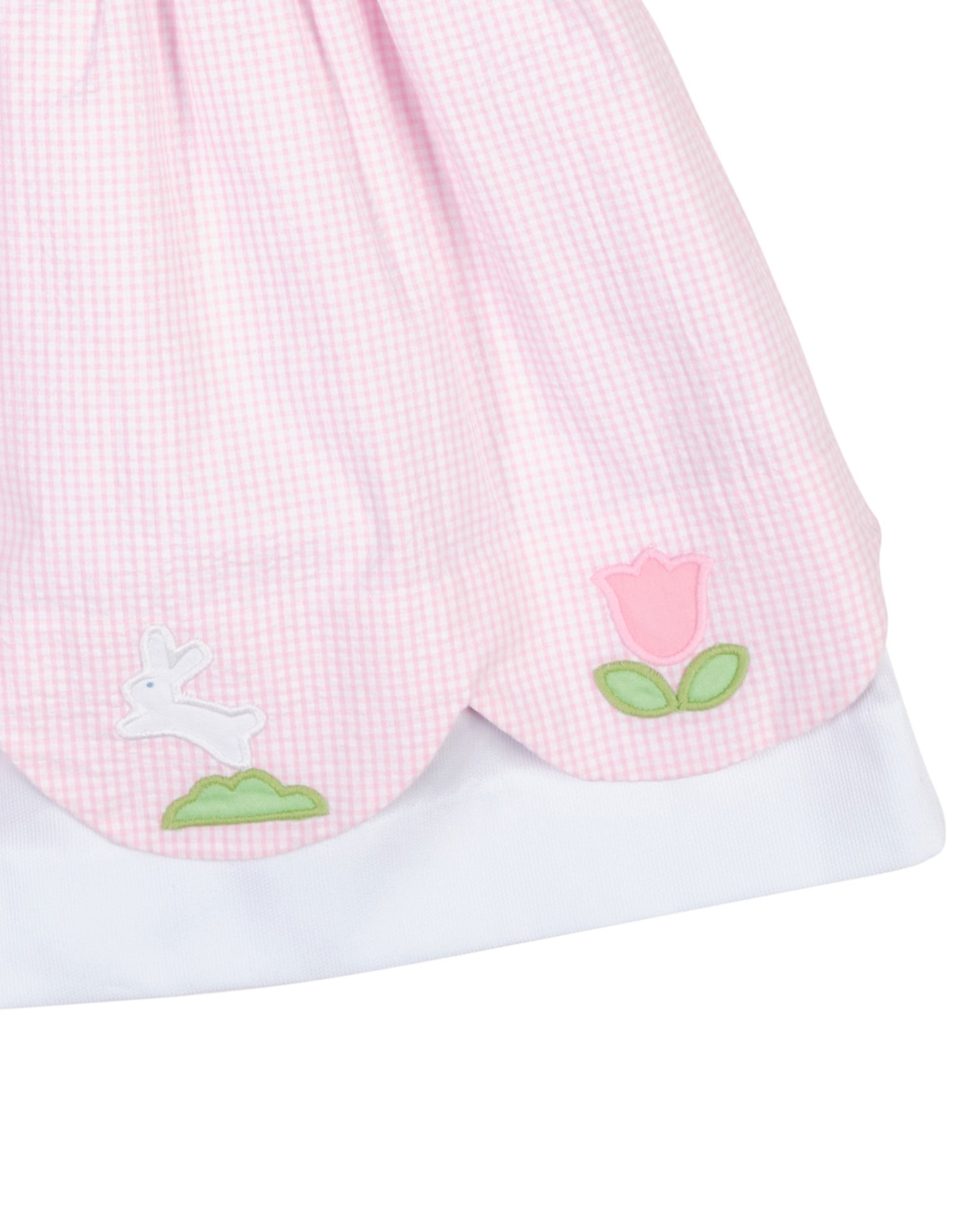 Seersucker Check Dress with Flowers & Bunny