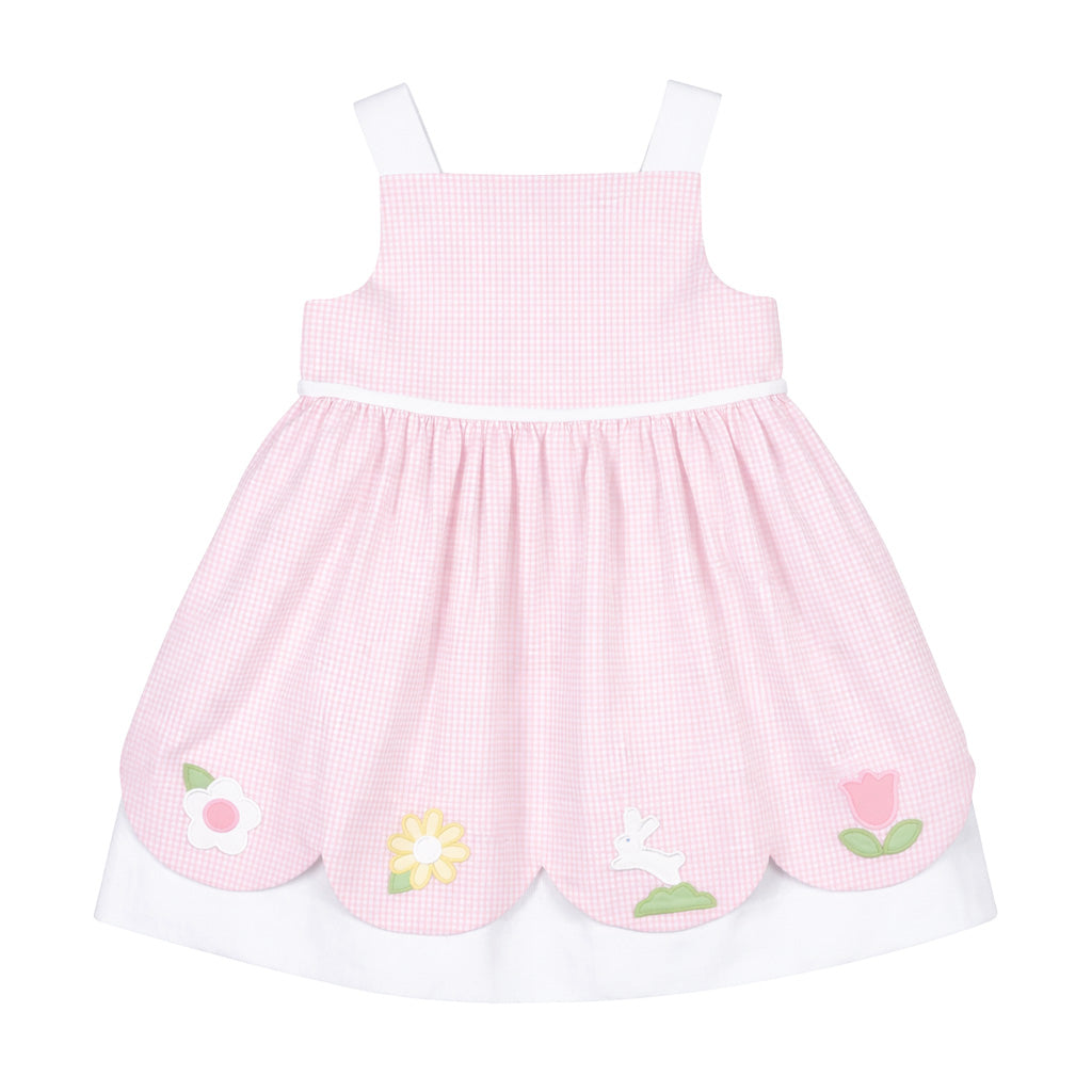 Seersucker Check Dress with Flowers & Bunny