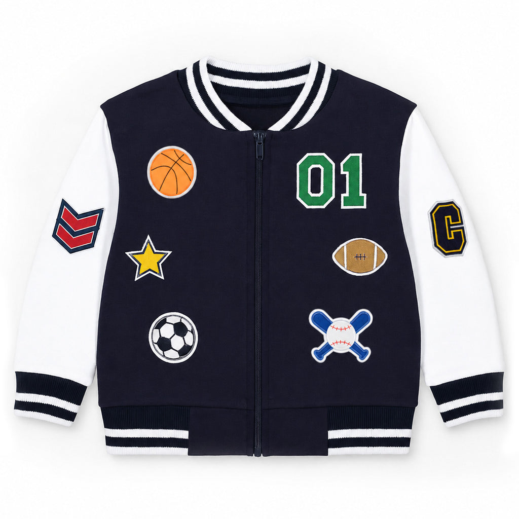 Navy blue varsity jacket with sports-themed patches on a white background