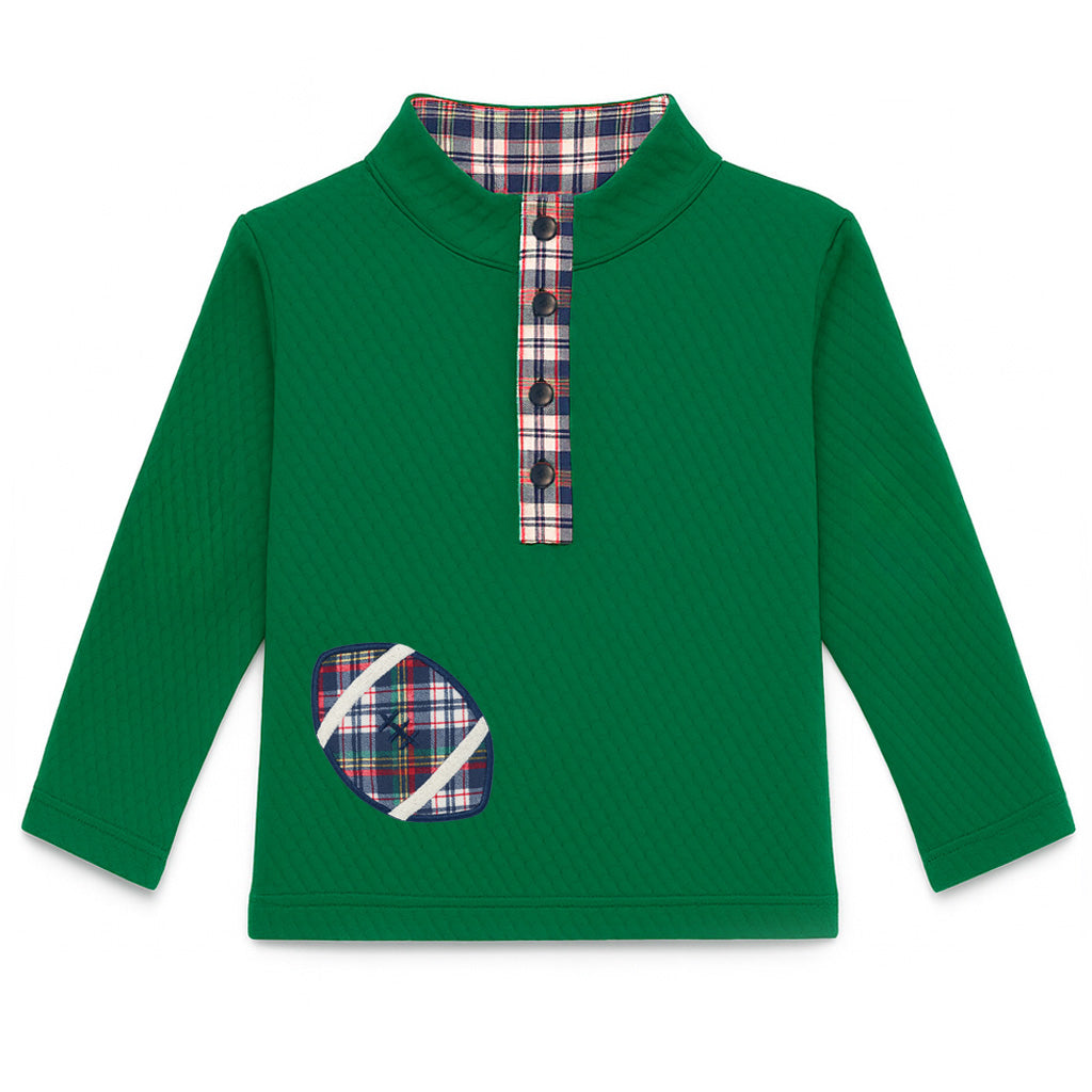 Green long-sleeve shirt with plaid accents on a white background