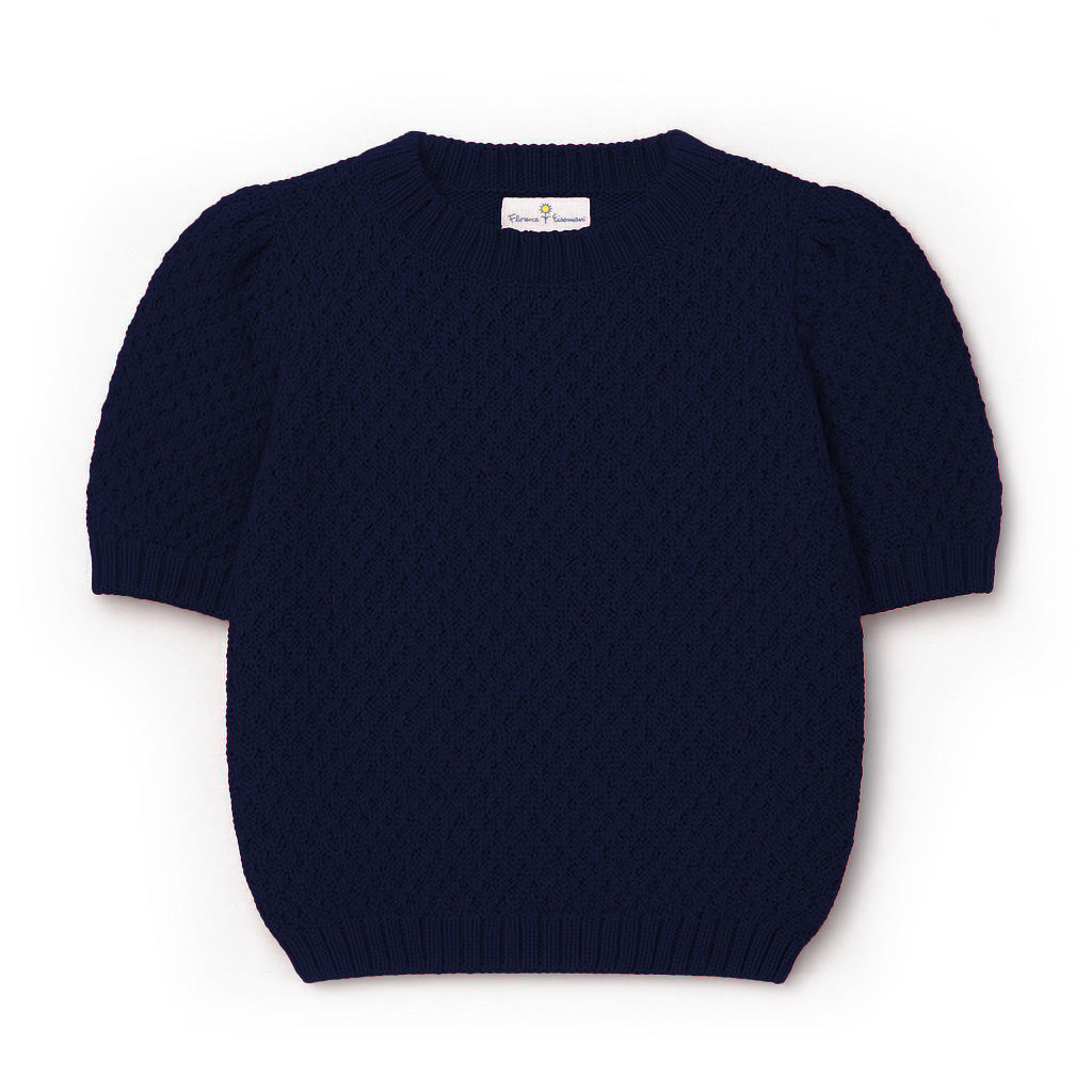 Navy Short Sleeve Sweater with Puff Sleeves