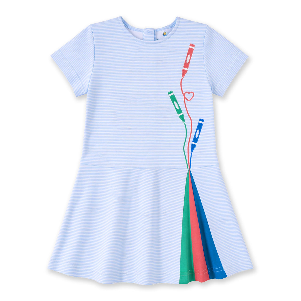 Light blue dress with colorful crayon design on a white background