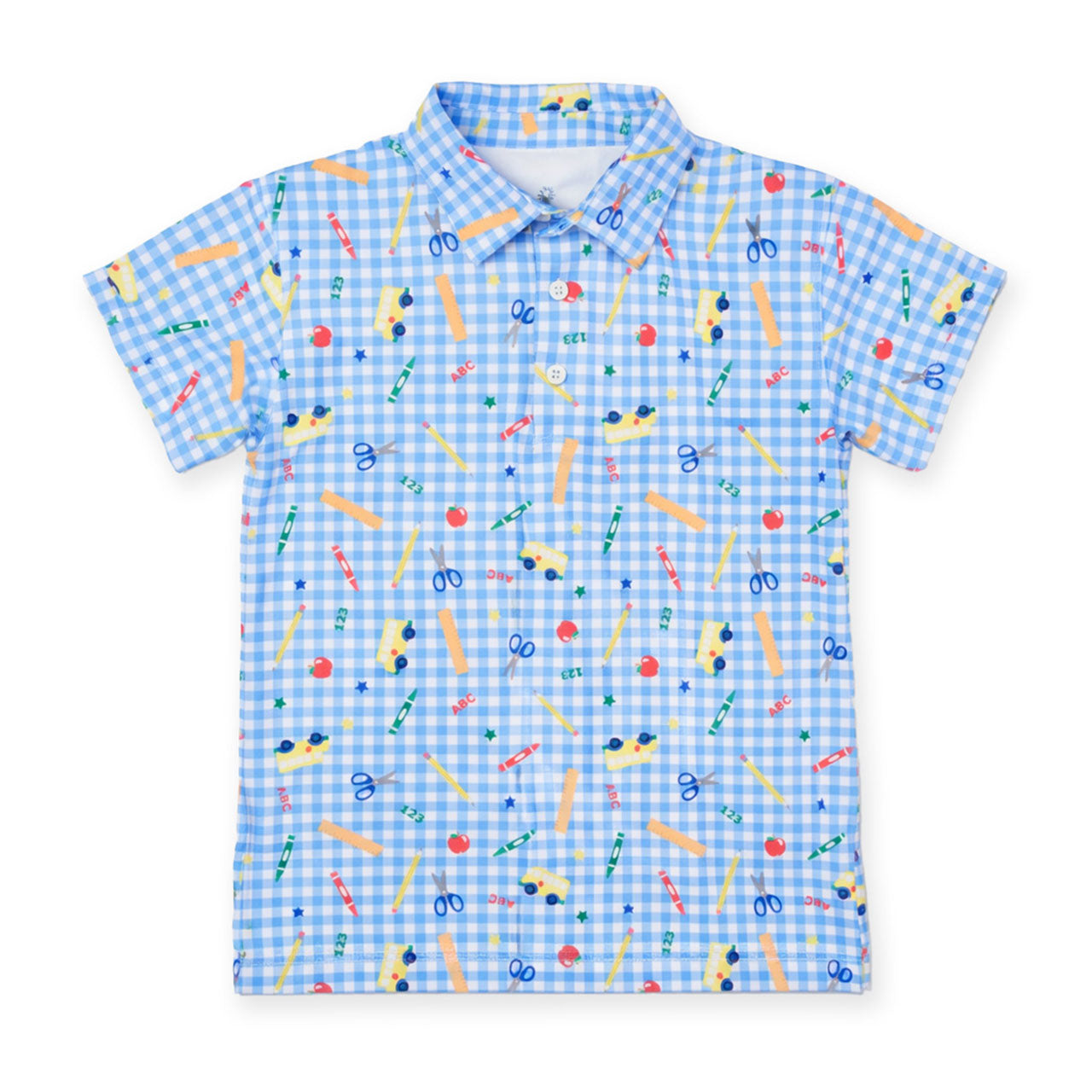Children's polo style shirt with colorful school supplies pattern on a blue checkered background