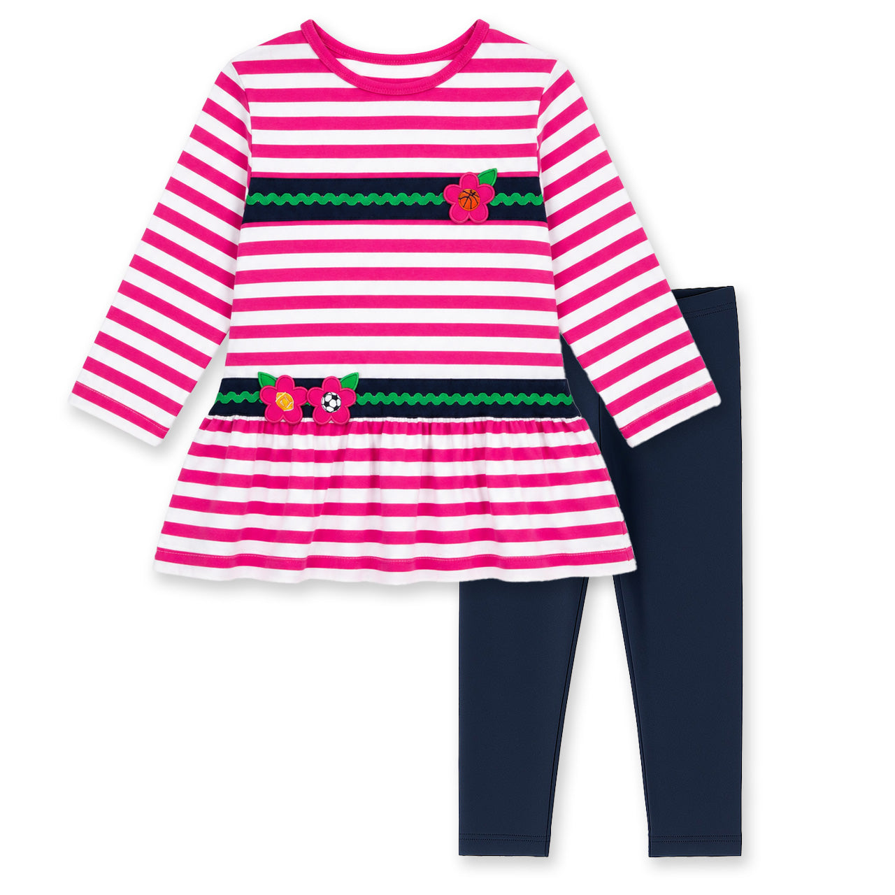 Children's outfit with pink and white striped dress and navy leggings on a white background