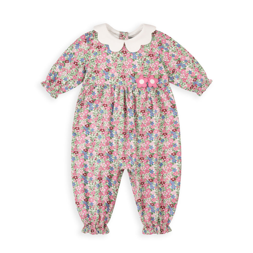 Floral baby romper with a pink flower on a white background