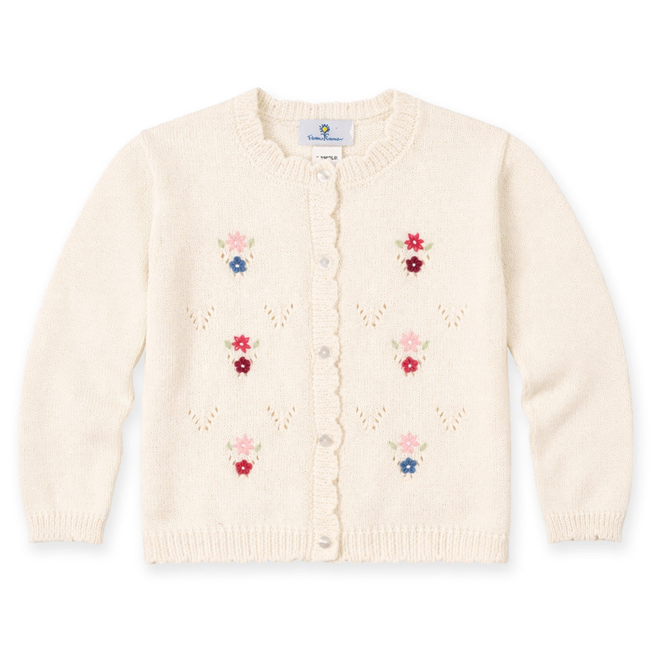 Ivory cardigan with floral embroidery on a white background