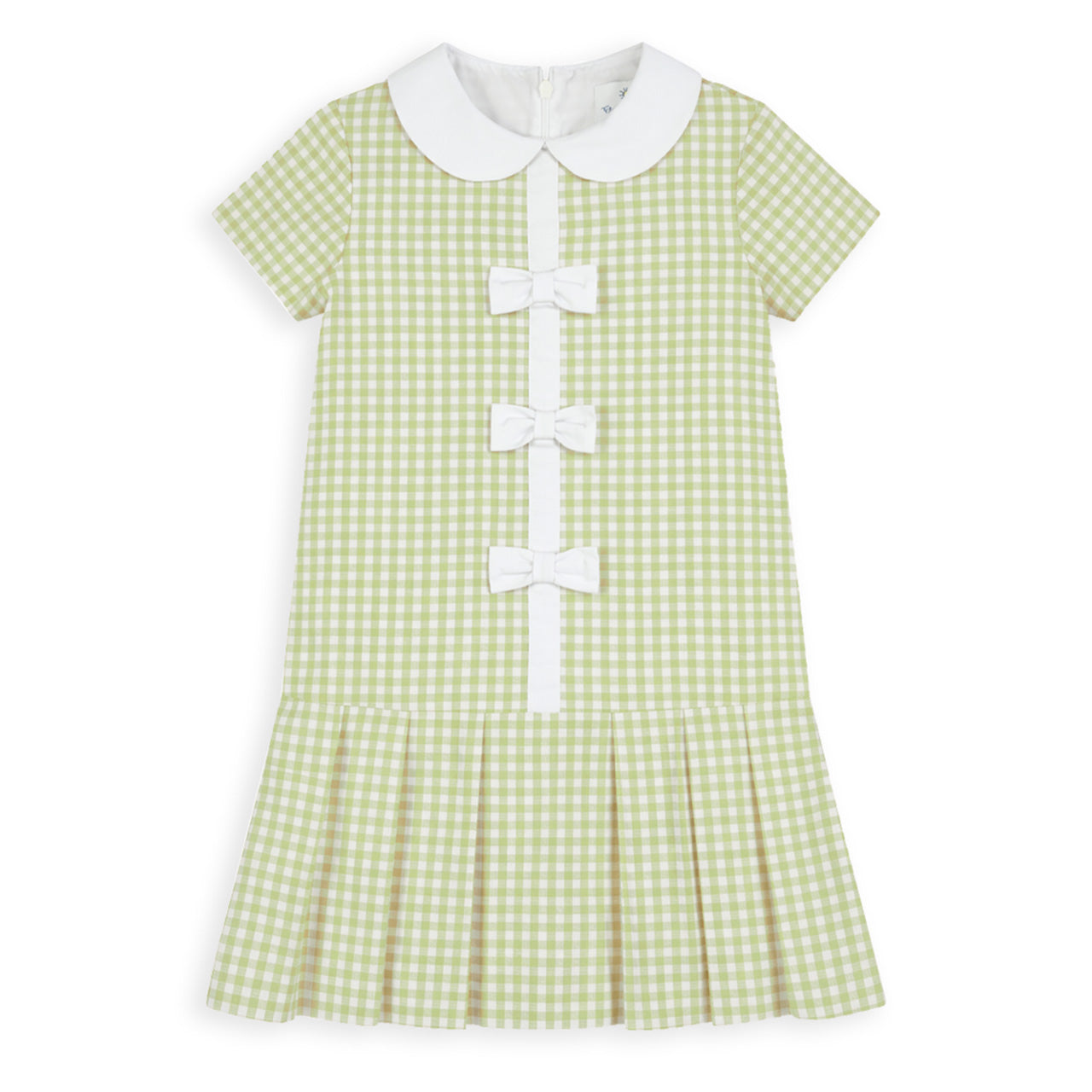 Green checkered dress with white collar and bow details on a white background