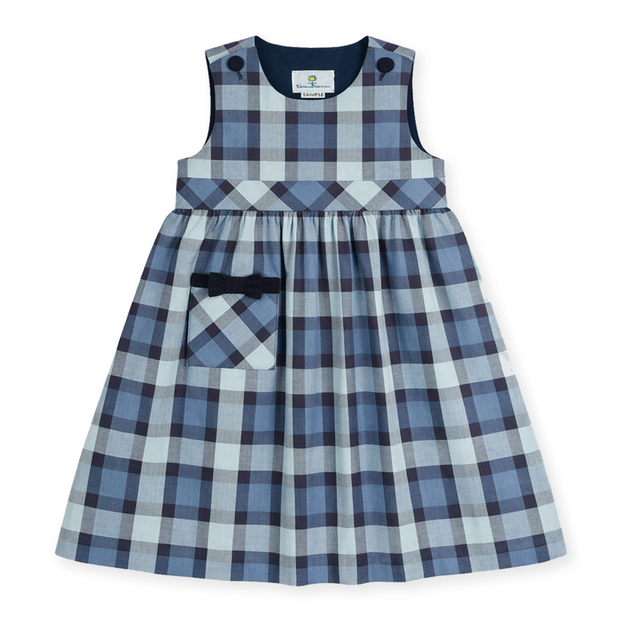 Blue plaid dress with a bow and pocket on a white background