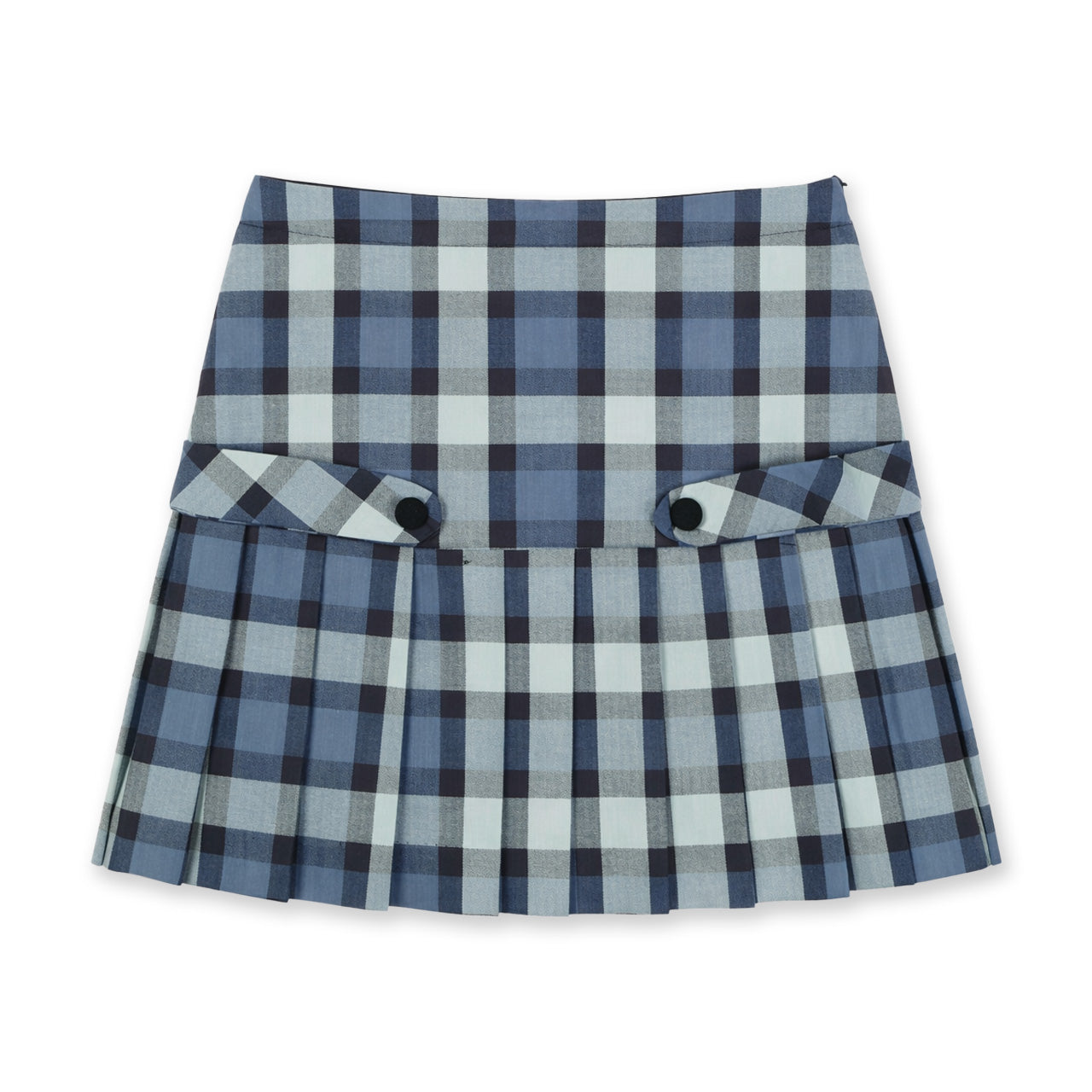 Blue plaid pleated skirt with button tabs on a white background