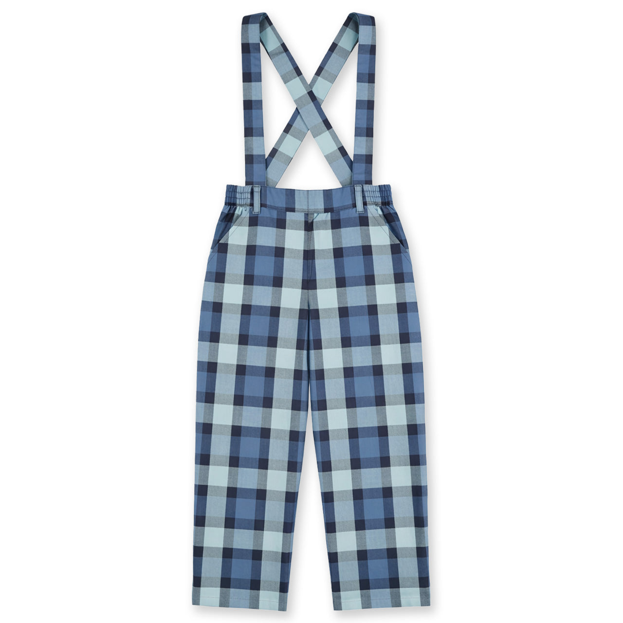 Blue plaid pants with suspenders on a white background