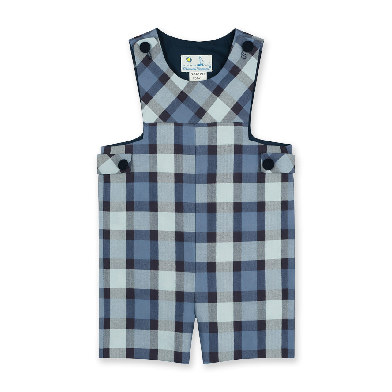 Plaid patterned overalls with button tabs on a white background