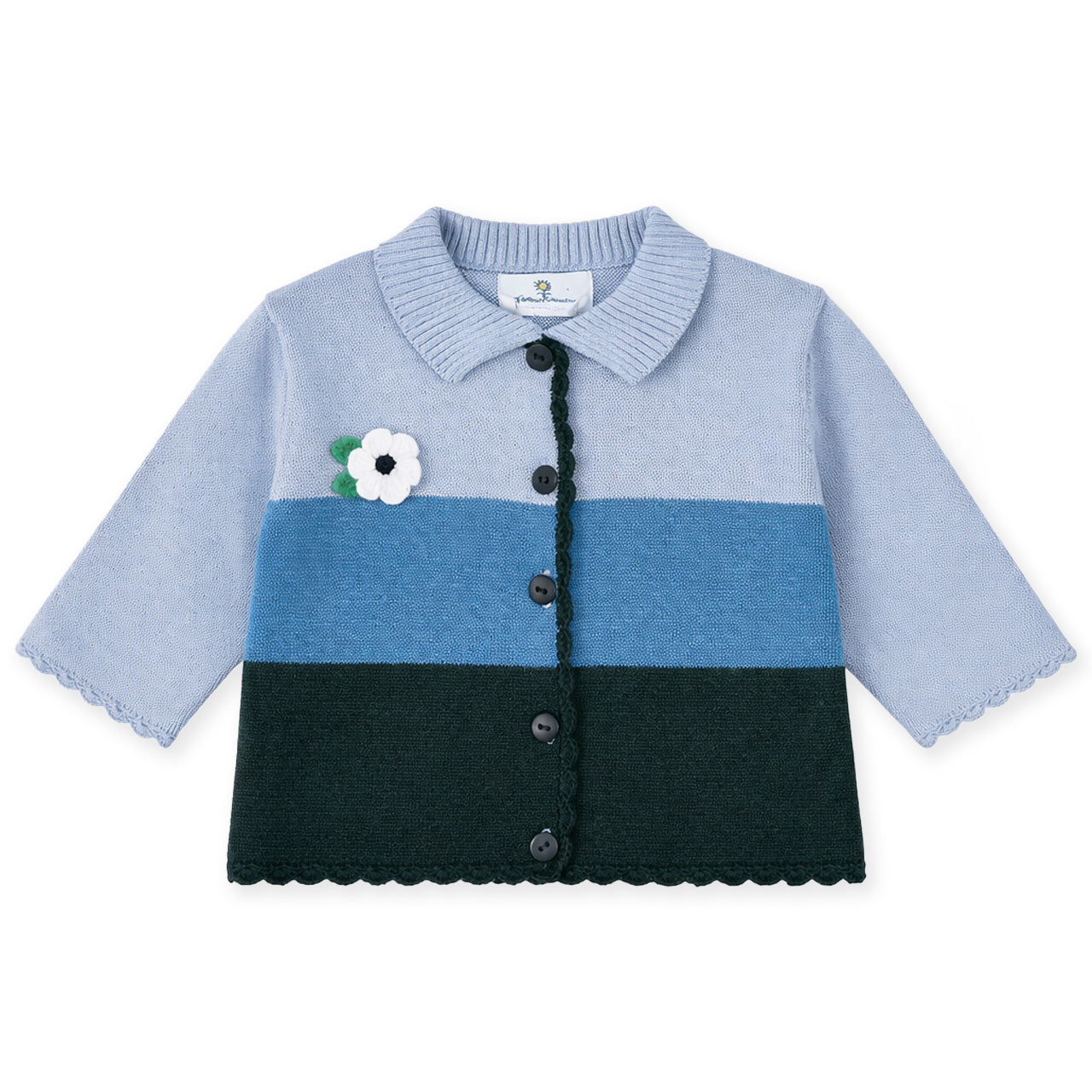 Cardigan with blue color-blocked design on a white background