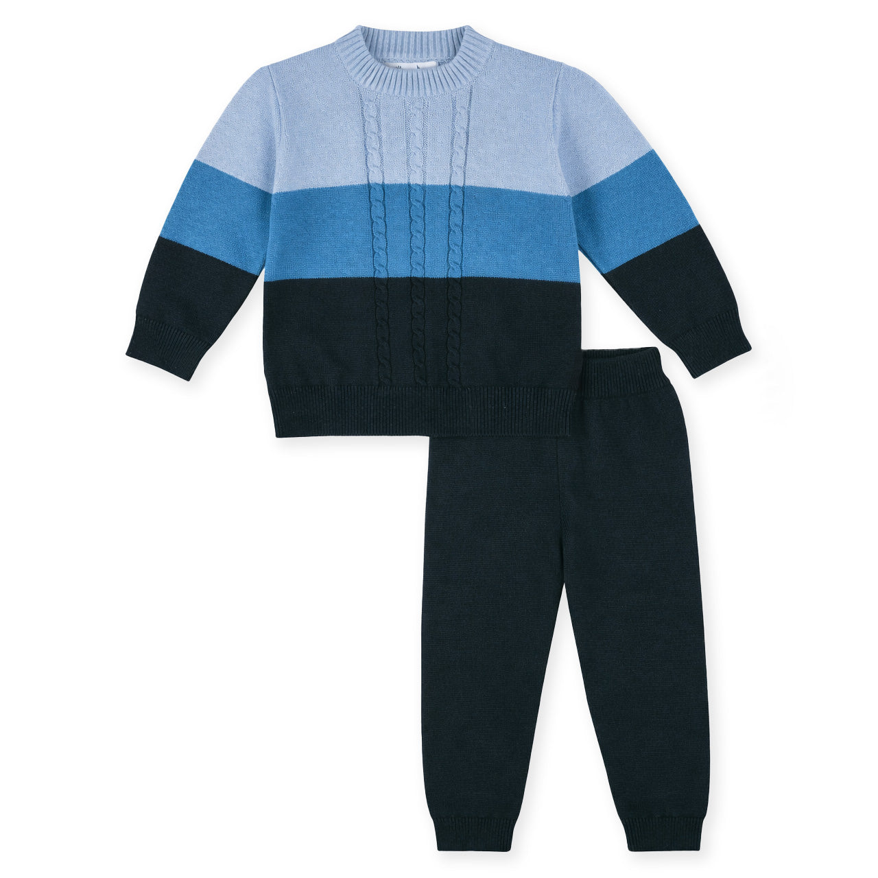 Sweater and pants set with blue and black color block design on a white background