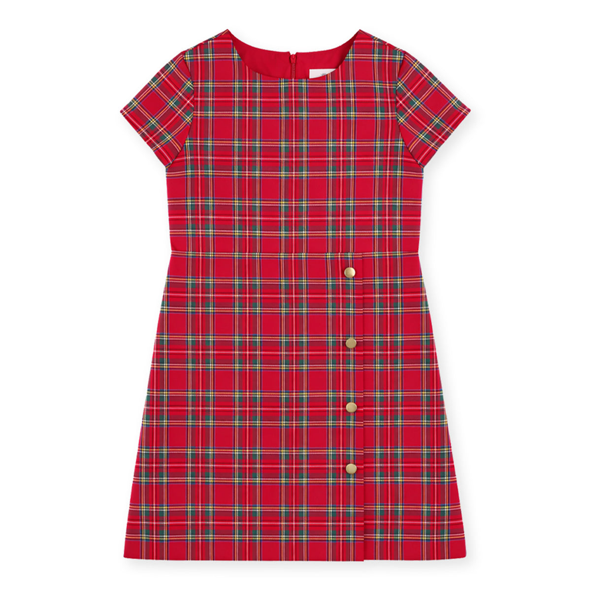 Red plaid dress with buttons on a white background