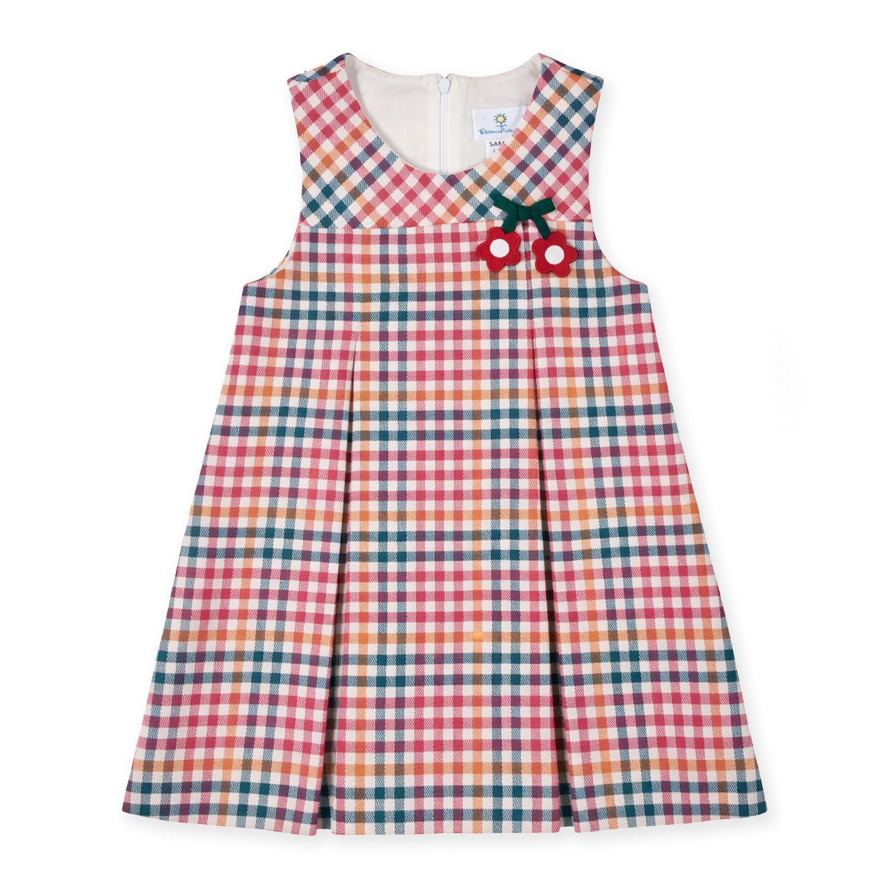 Colorful checkered dress with flower design on a white background