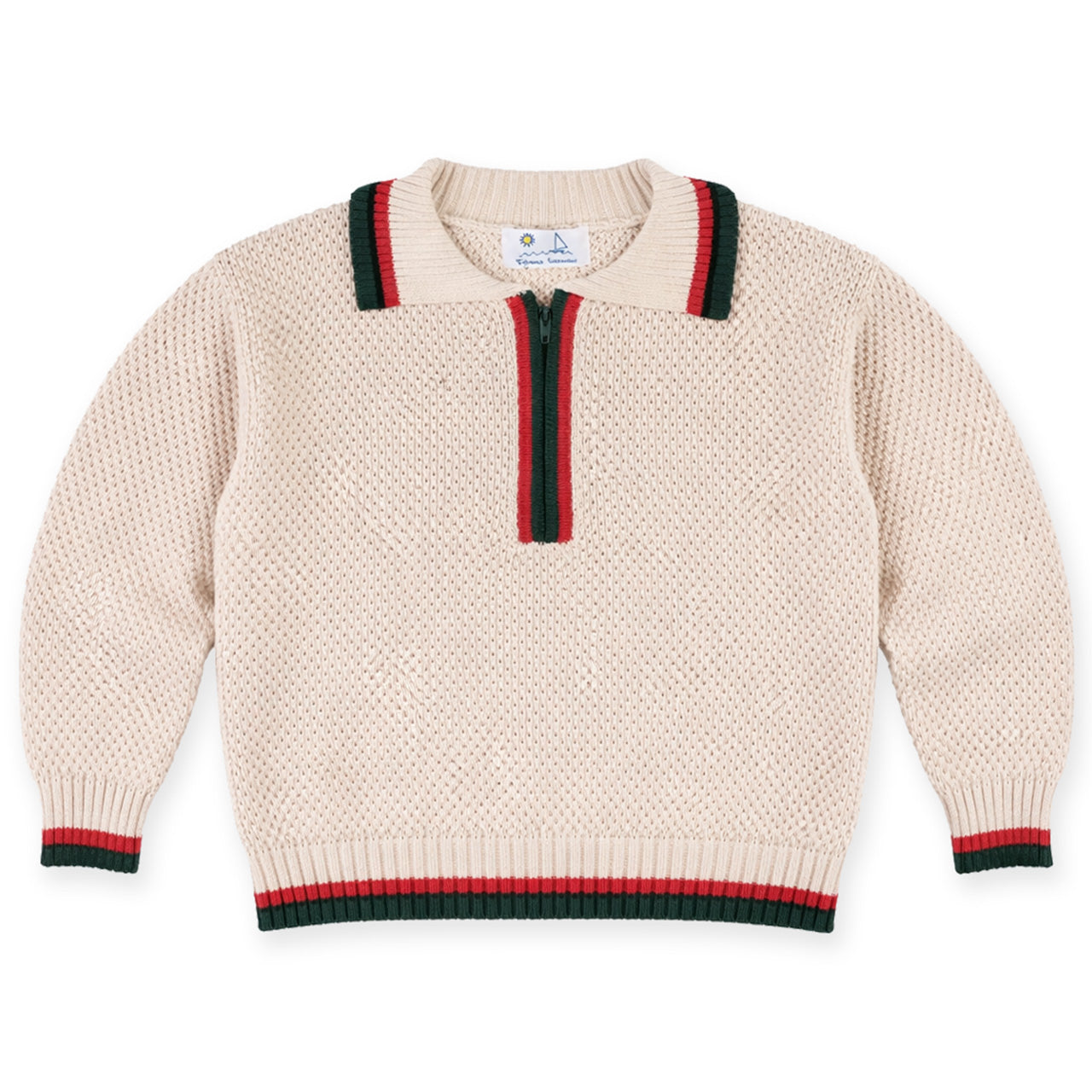 Beige sweater with red and green accents on a white background