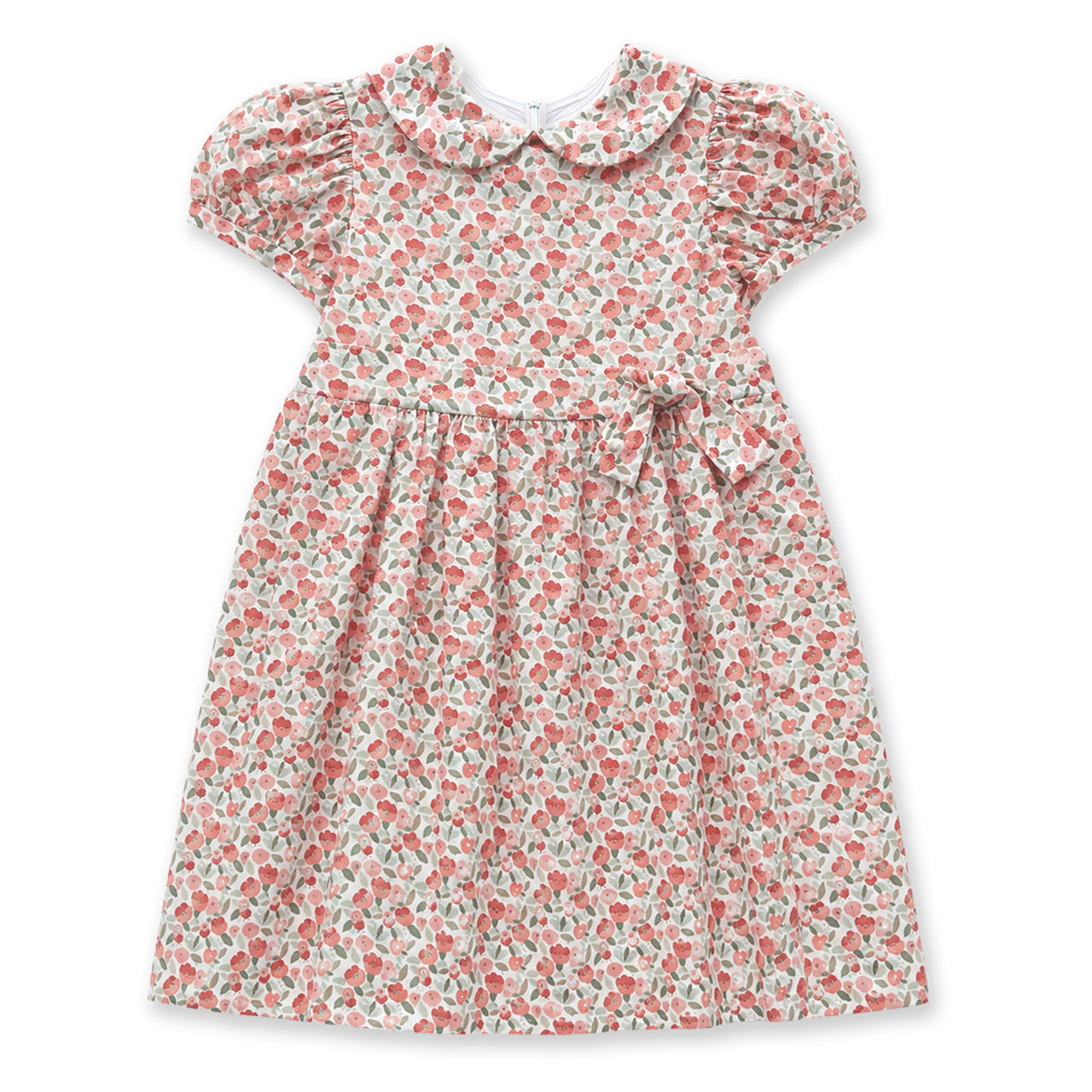 Floral dress with collar and waist tie on a white background