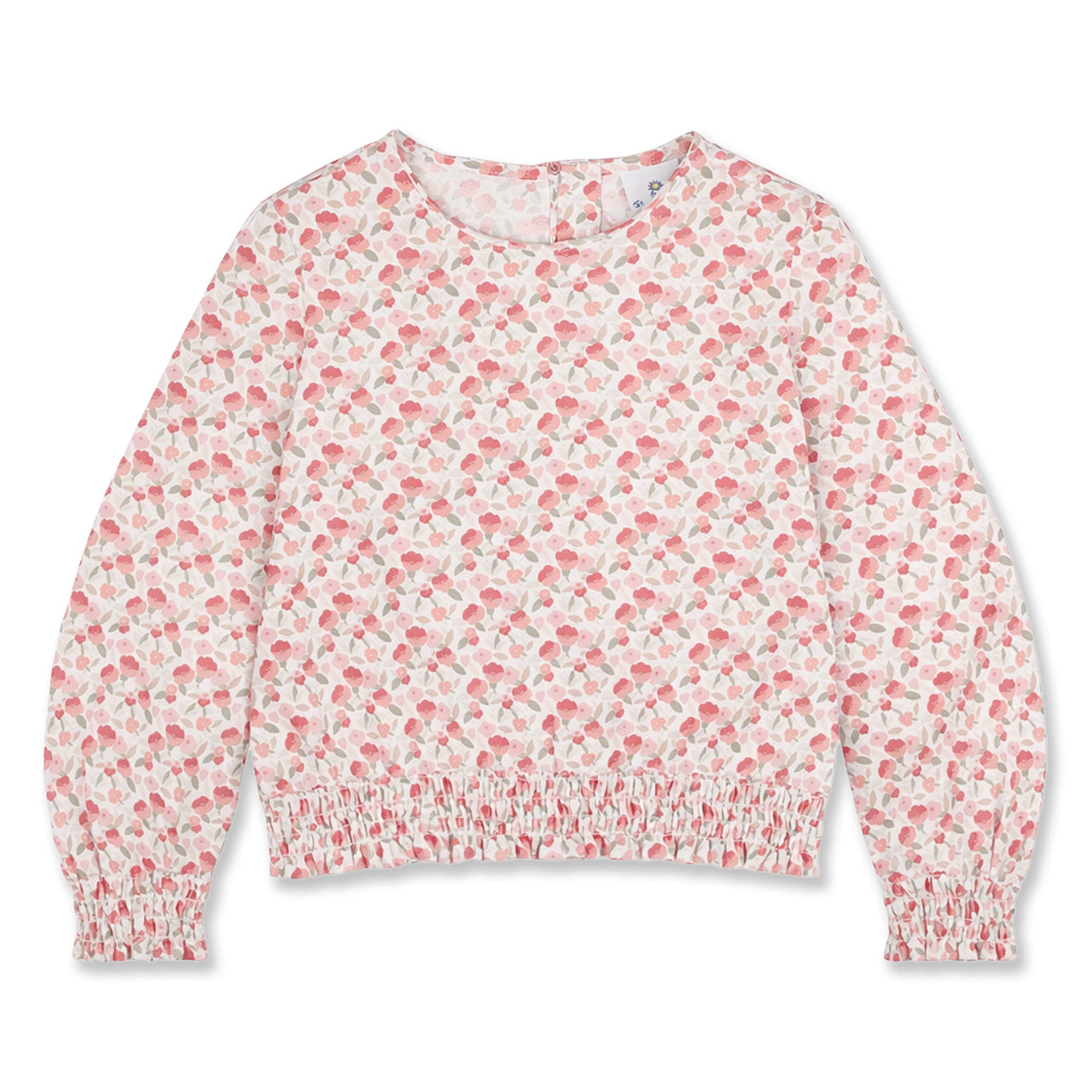 Floral patterned blouse with ruched waist and sleeves on a white background