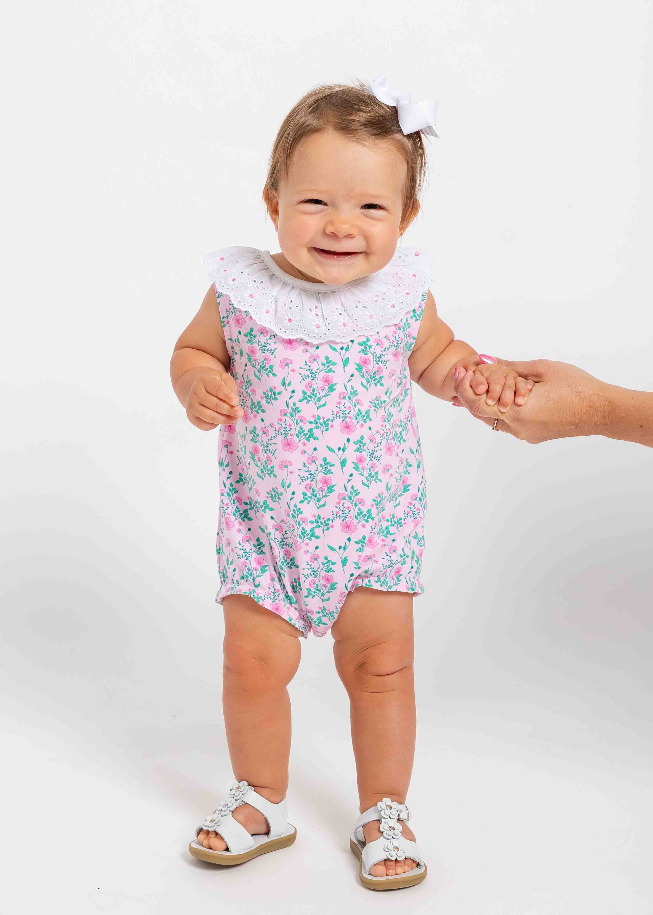 Floral Print Romper with Eyelet Collar