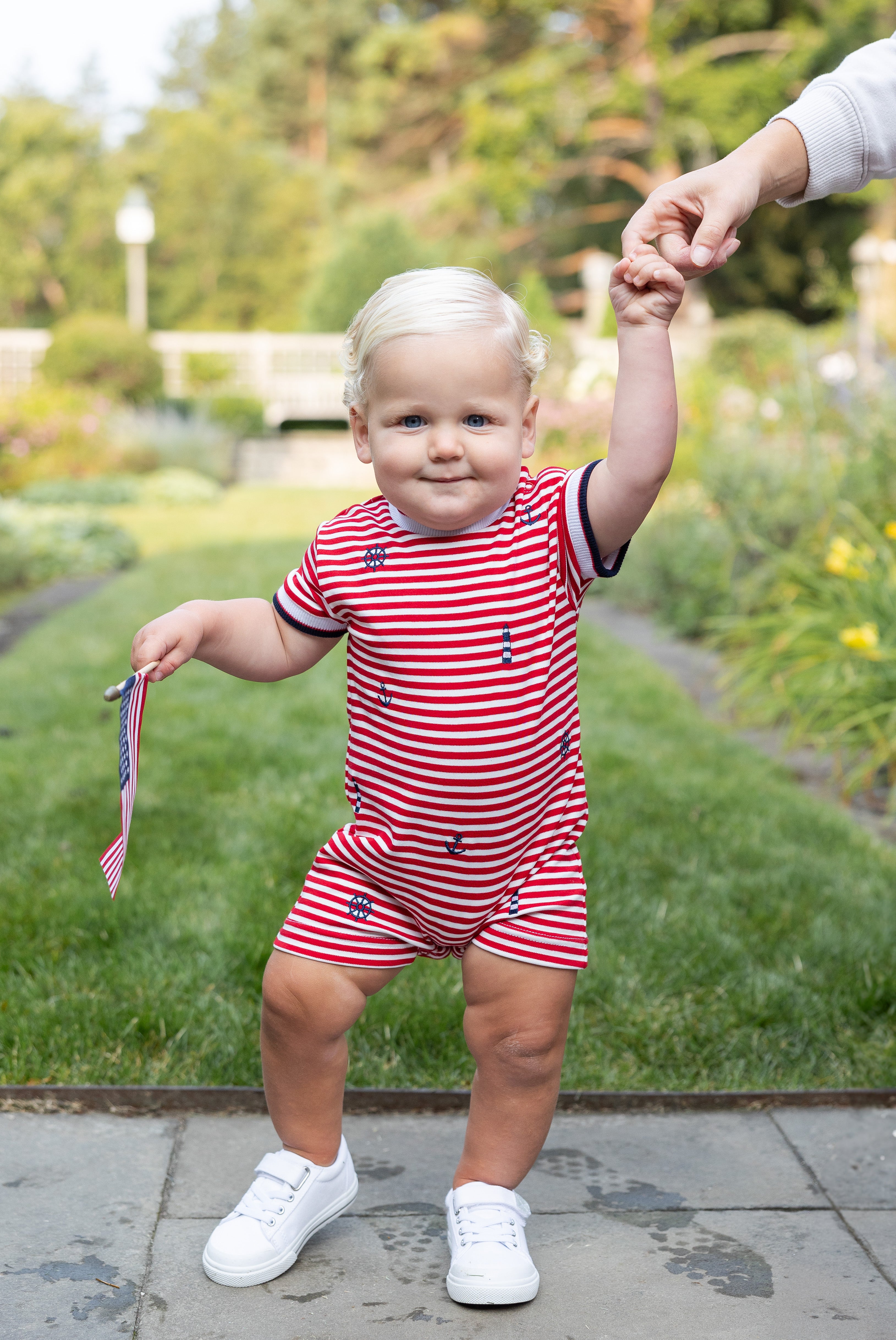 Stripe Knit Shortall With Nautical Embroidery