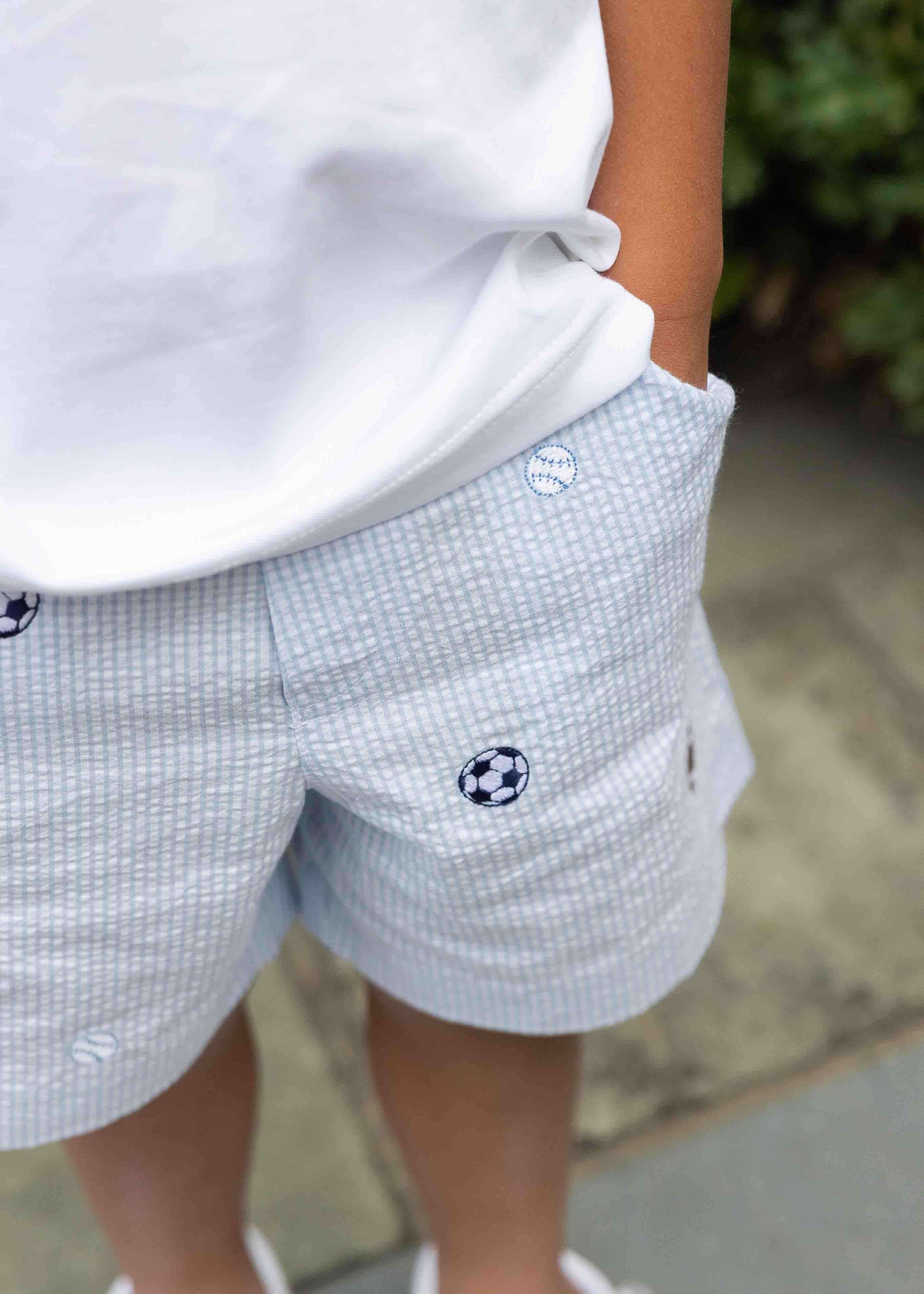 Check Seersucker Short With Embroidered Sport Balls