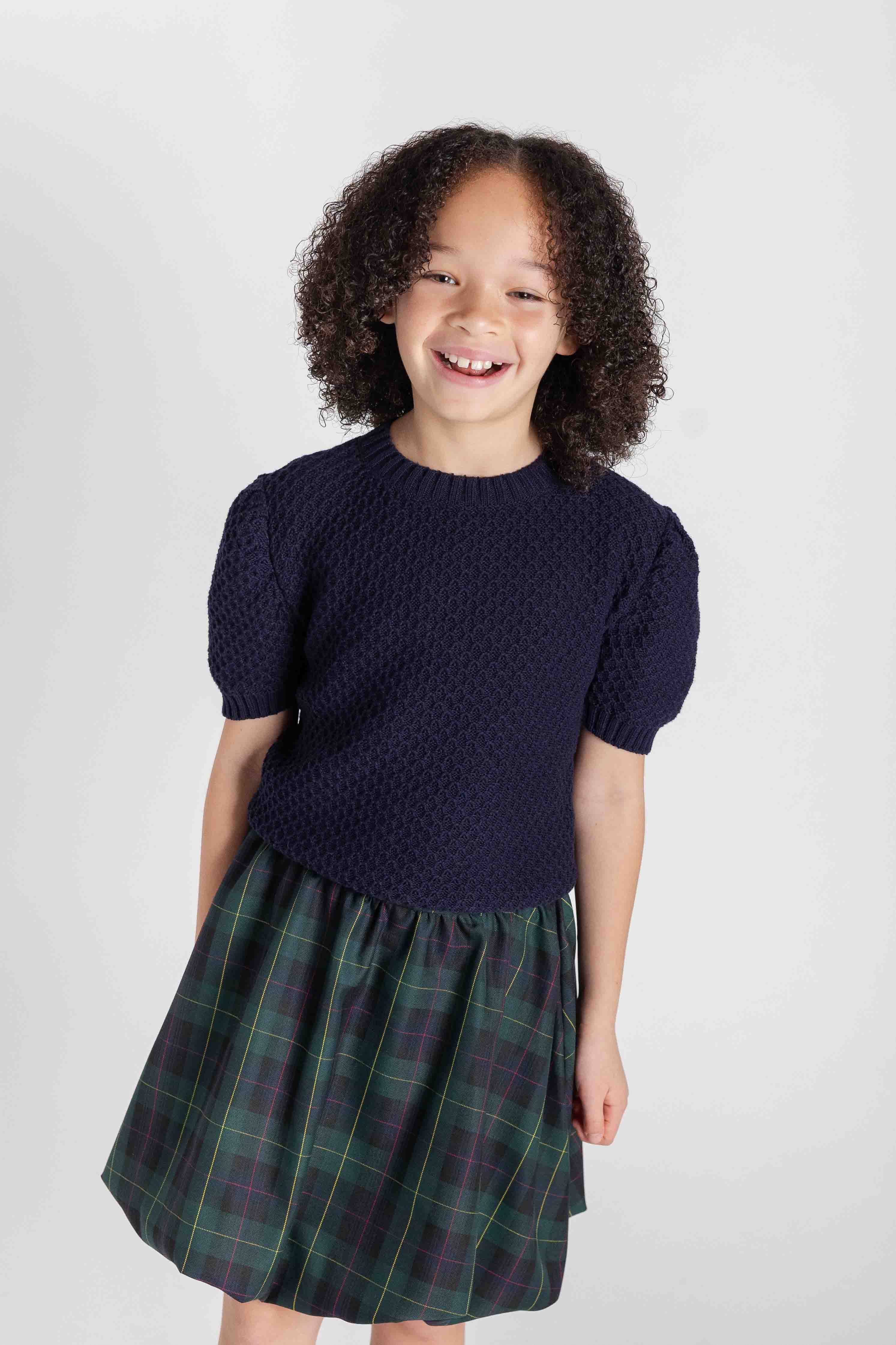 Navy Short Sleeve Sweater with Puff Sleeves