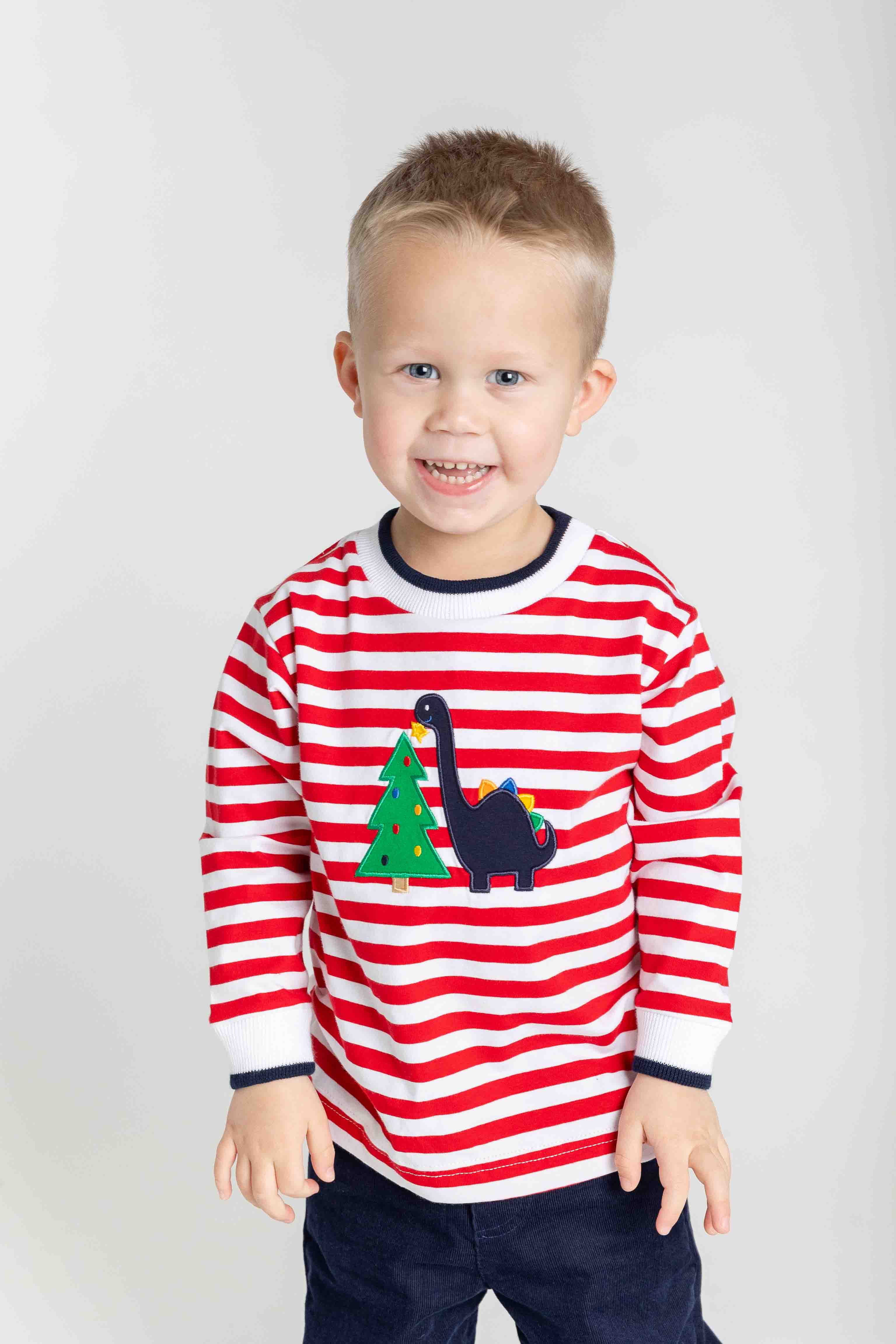 Stripe Knit Shirt With Dino & Christmas Tree