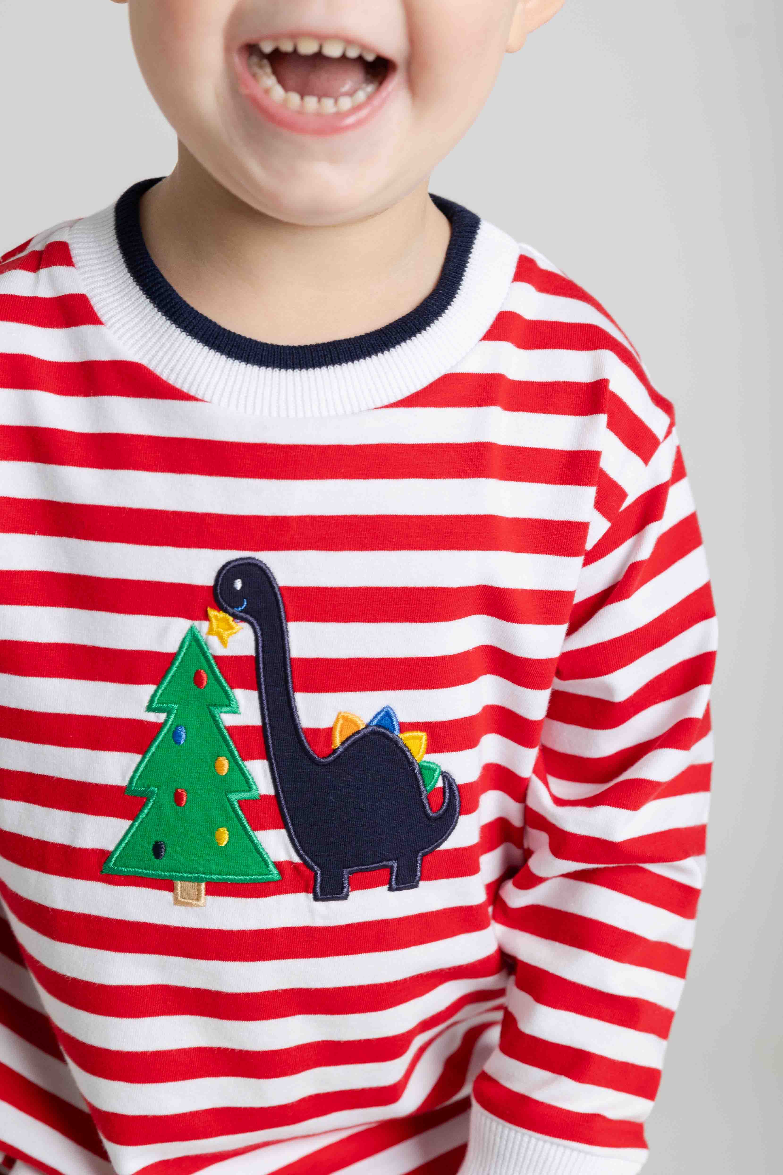 Stripe Knit Shirt With Dino & Christmas Tree