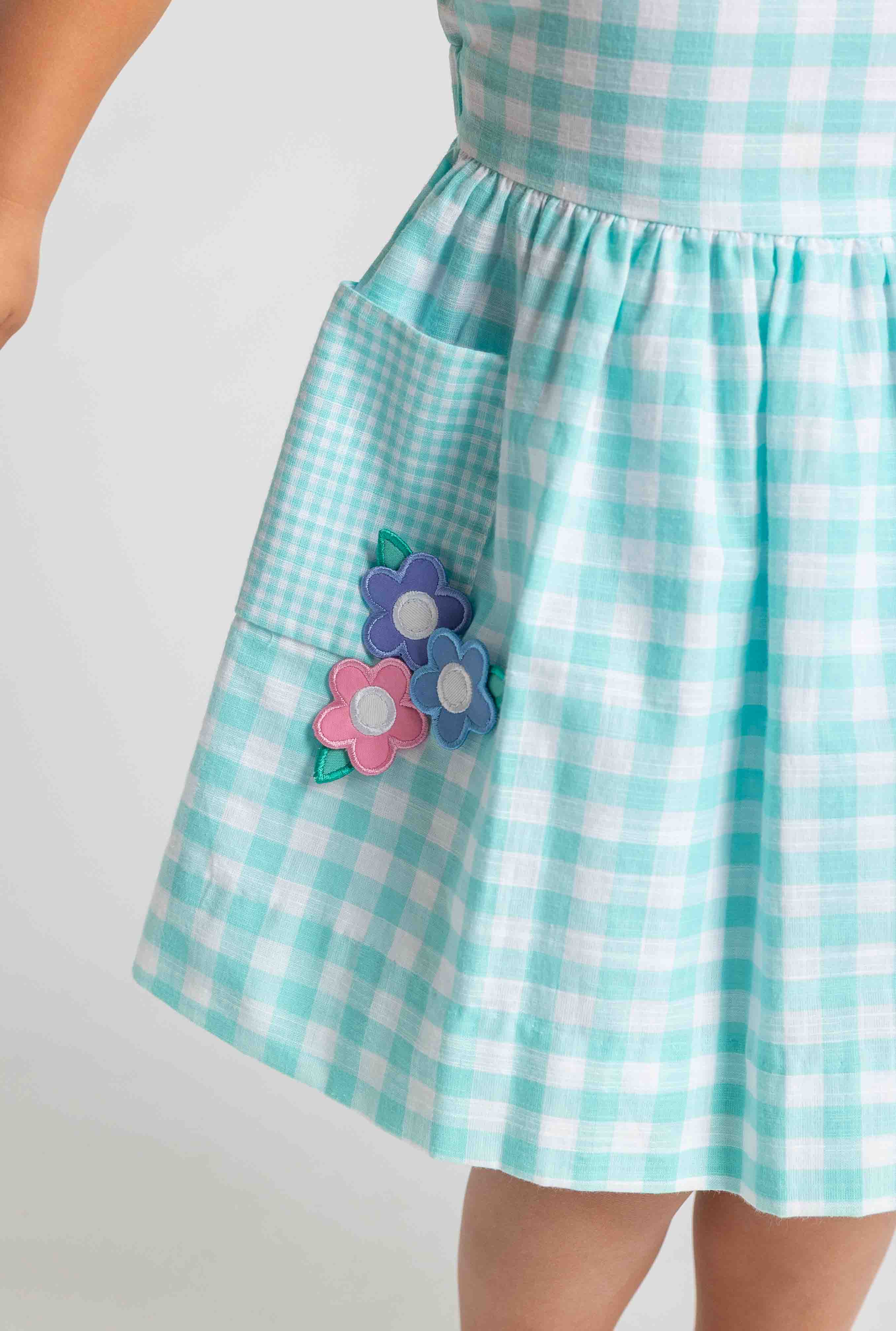 Gingham Linen Look Dress With Flowers