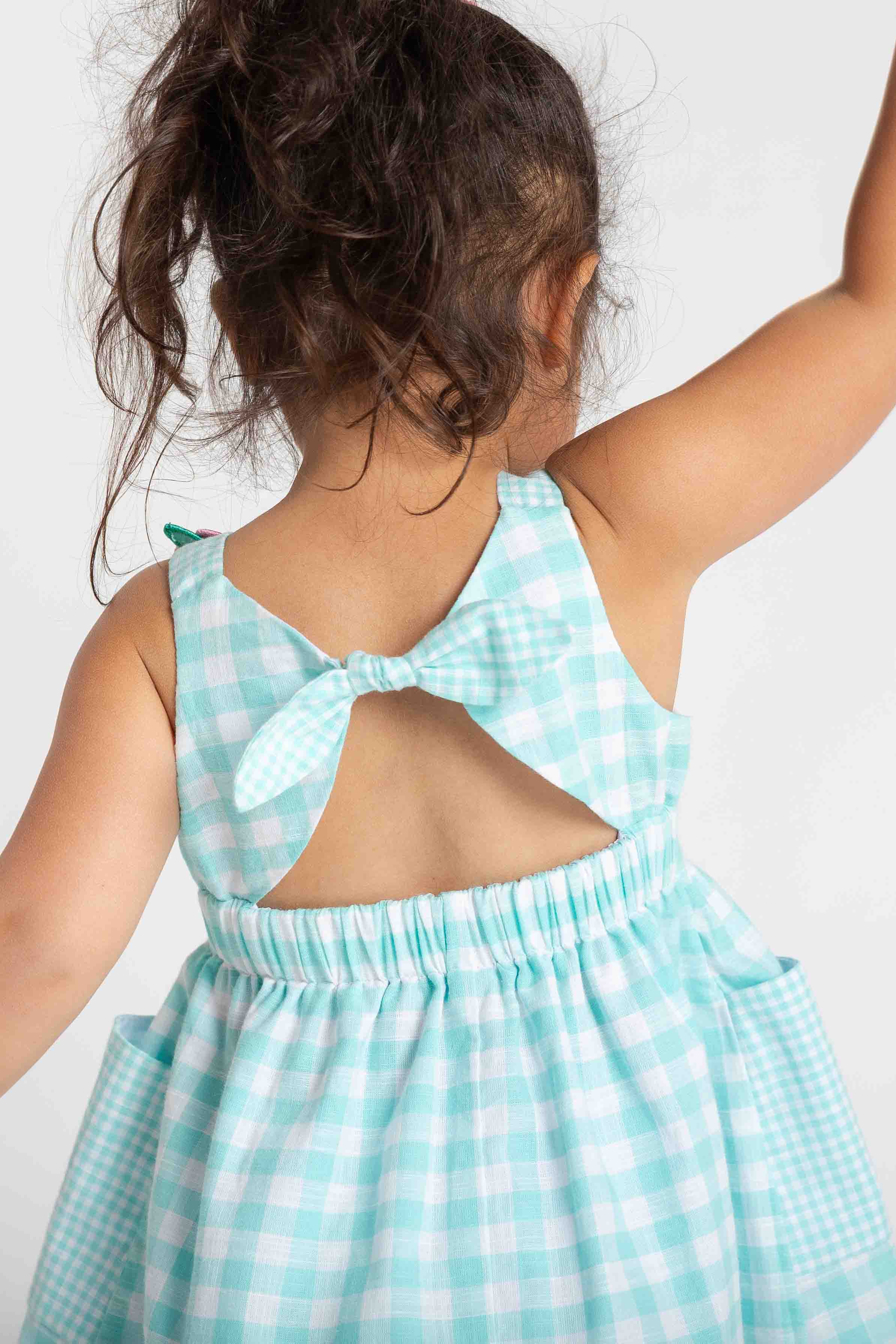 Gingham Linen Look Dress With Flowers