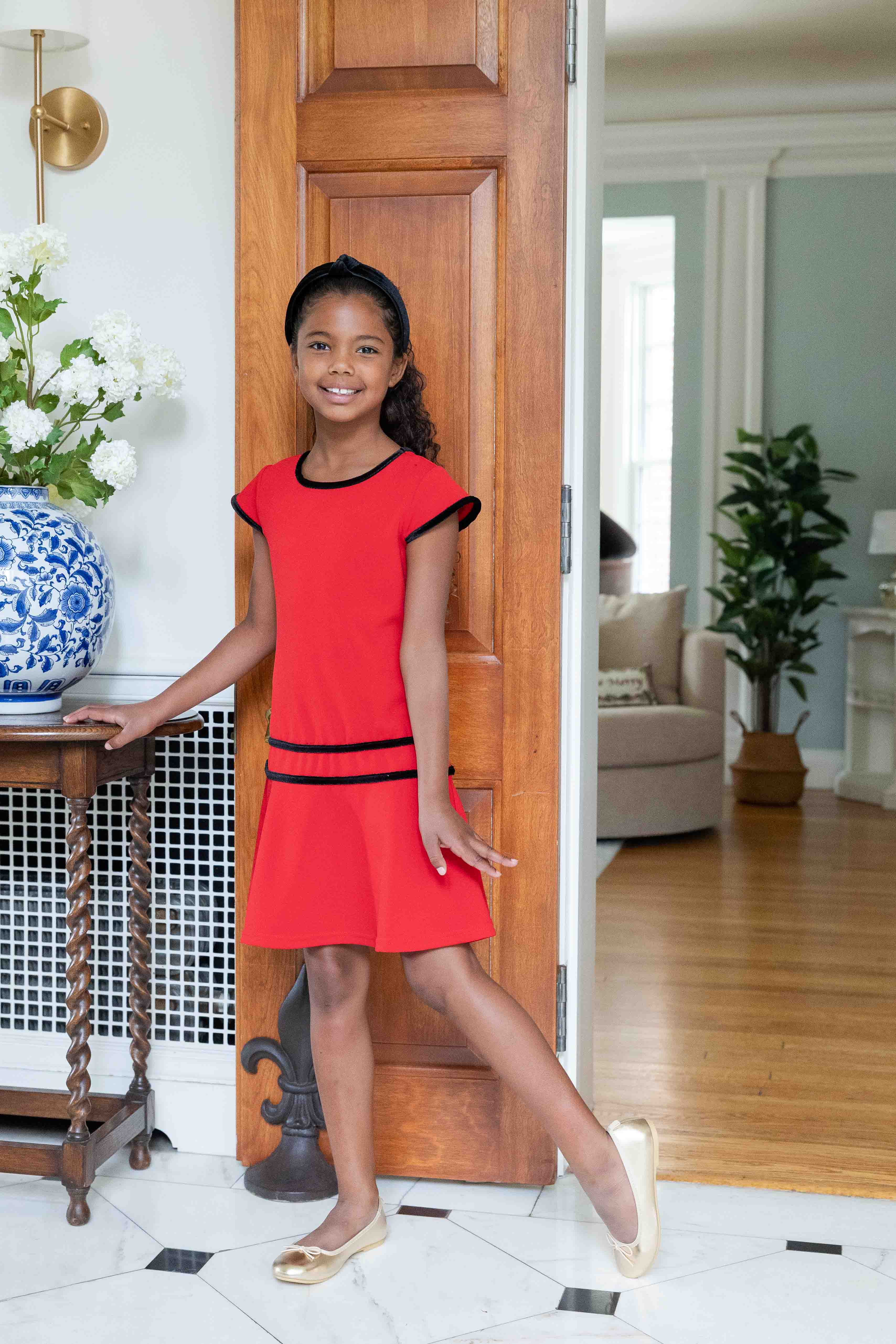 Crepe Knit Dress With Velvet Trim