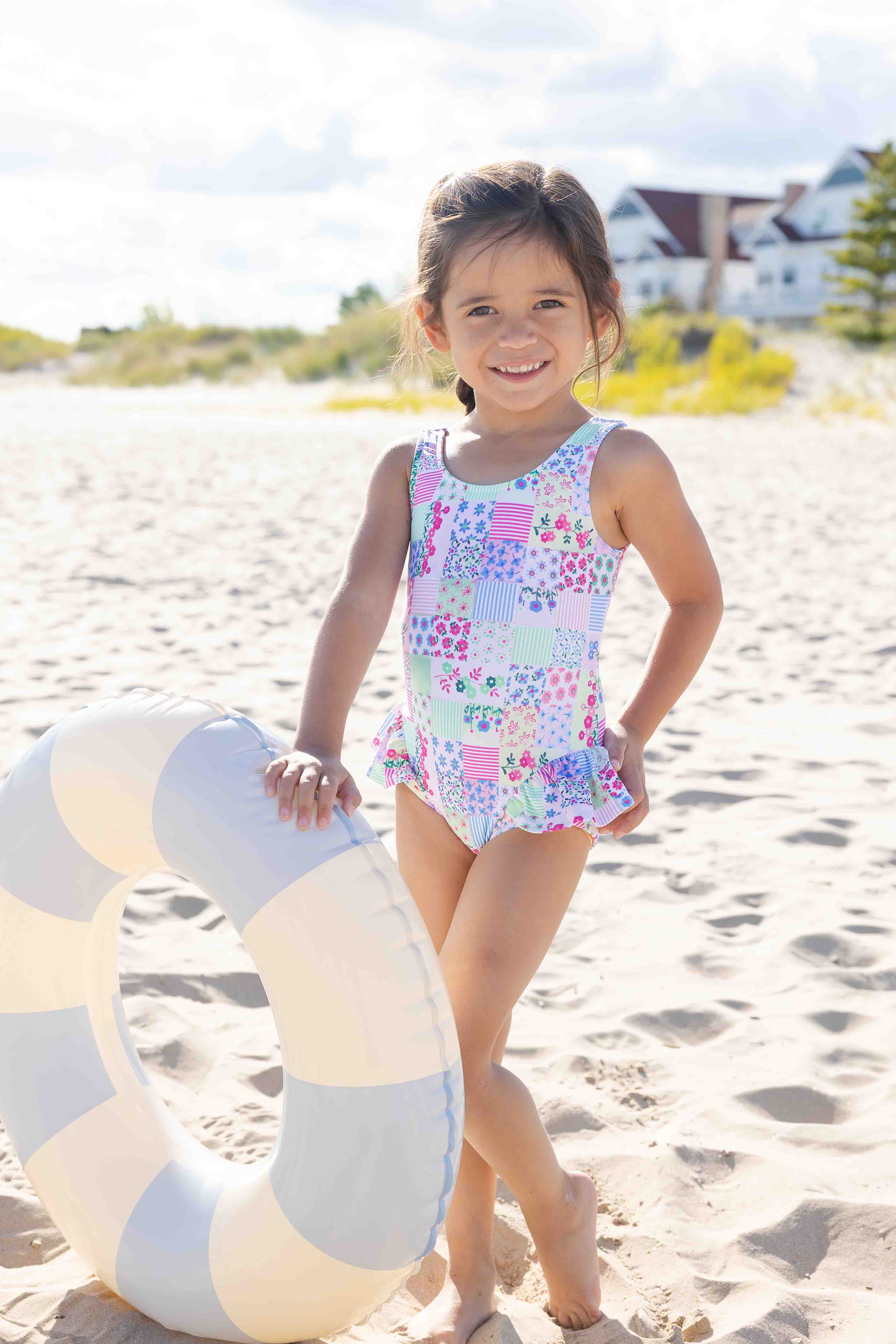 Patchwork Floral Hip Ruffle Swimsuit