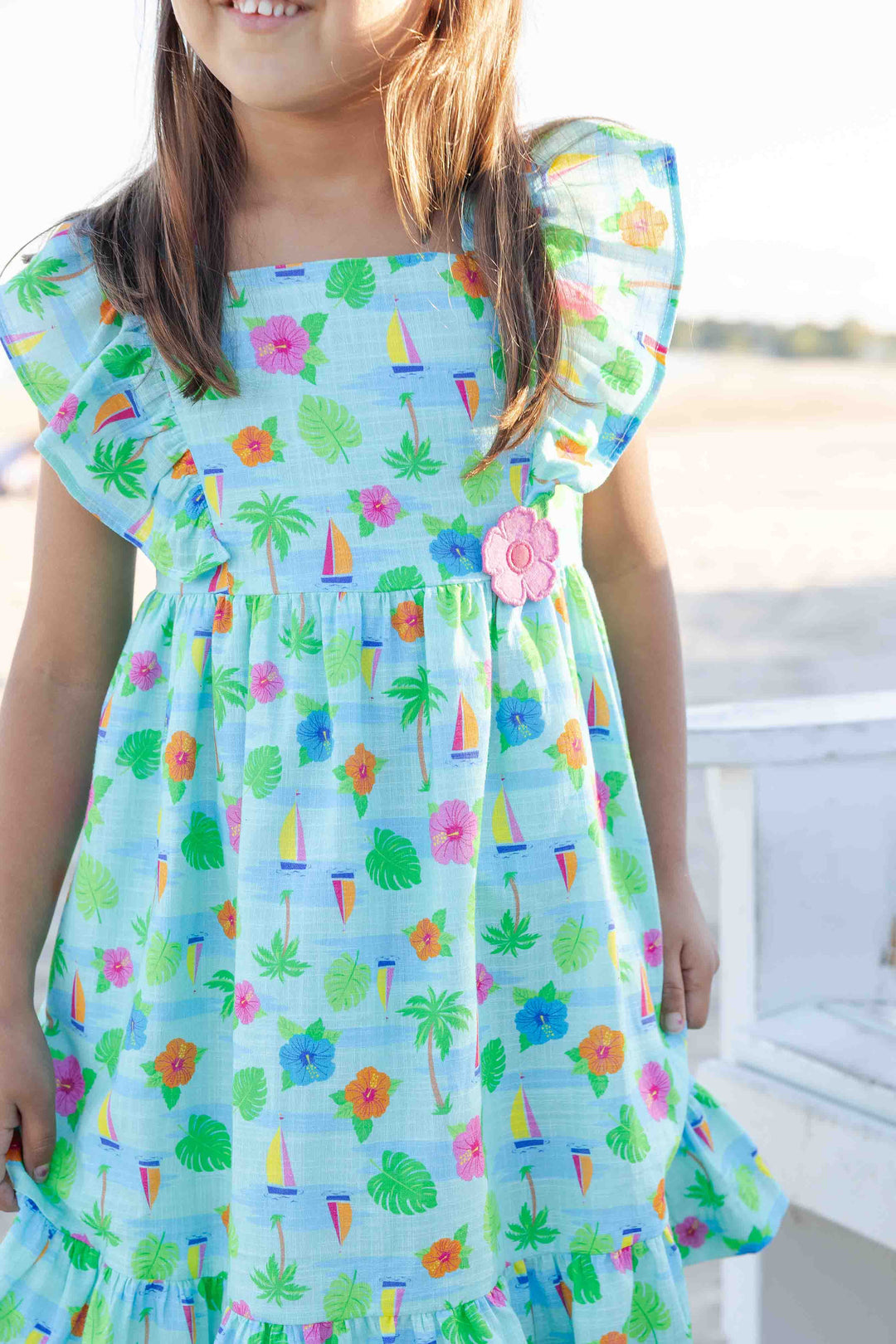 Florence Eiseman Little Girls Printed Linen Look Dress with Flower - Medium Blue - 5