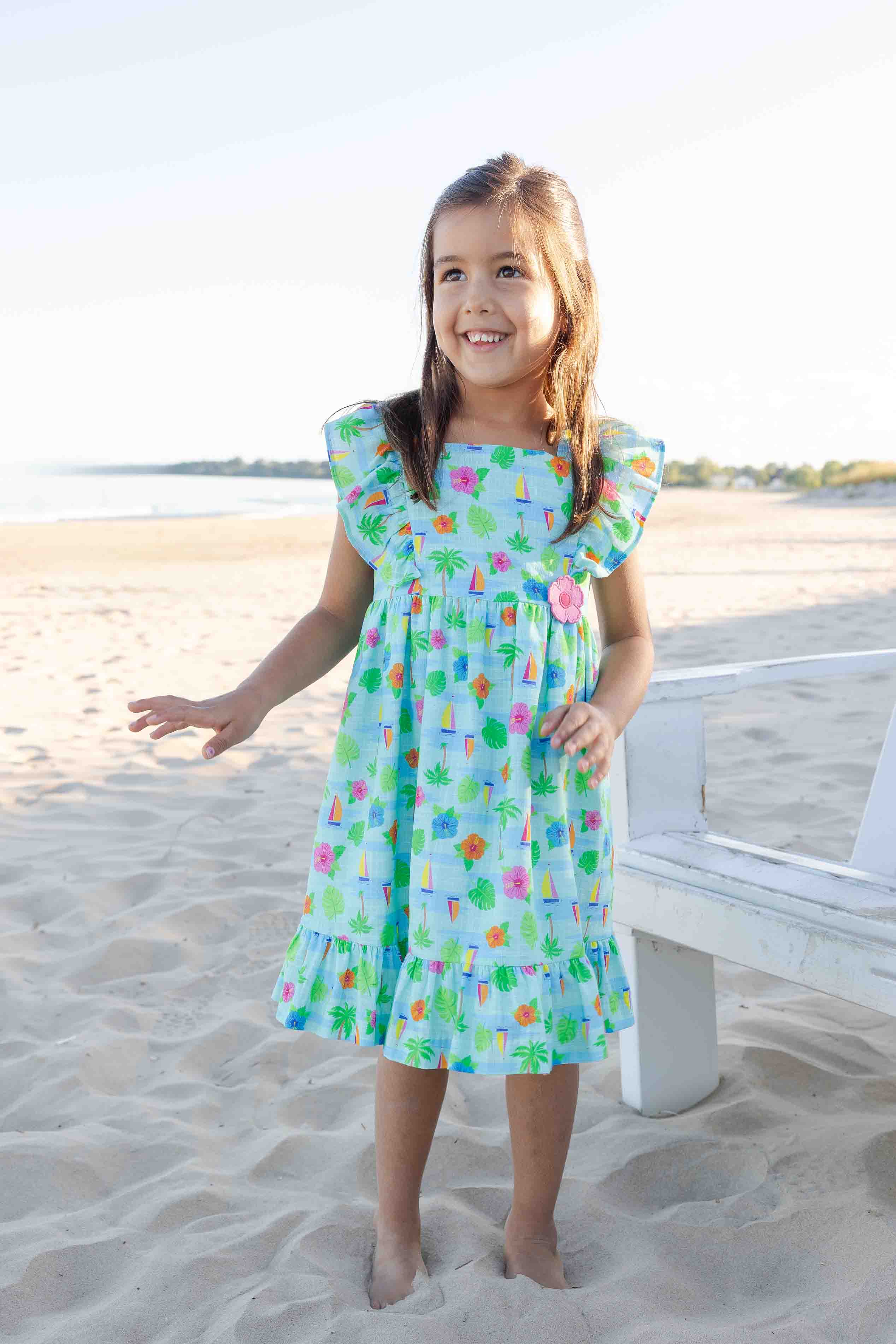 Printed Linen Look Dress With Flower