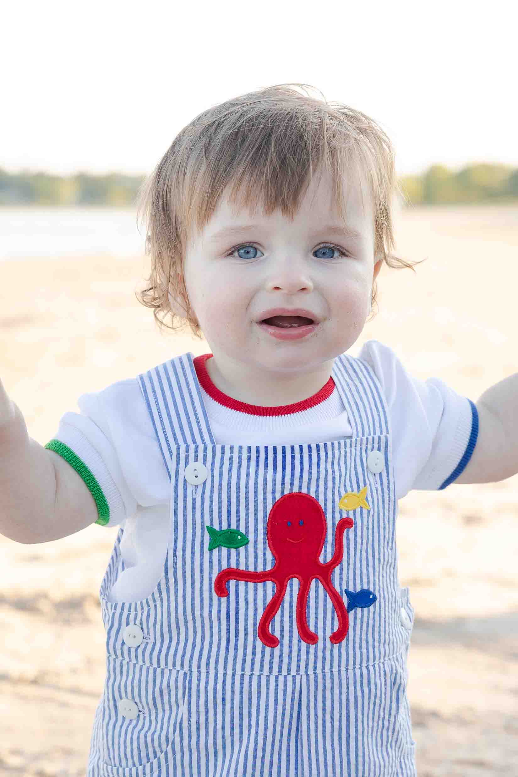 Stripe Seersucker Shortall With Octopus