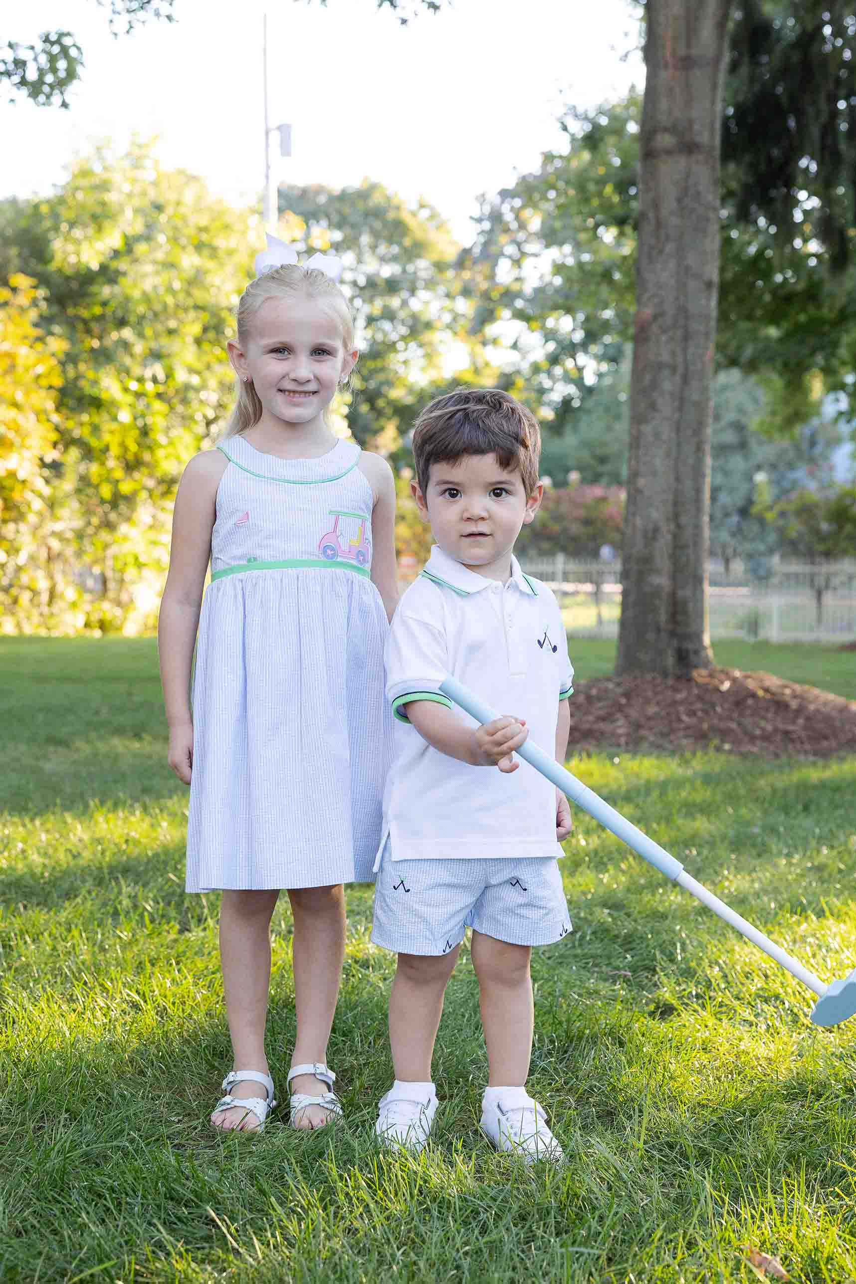 Check Seersucker Dress with Golf Cart