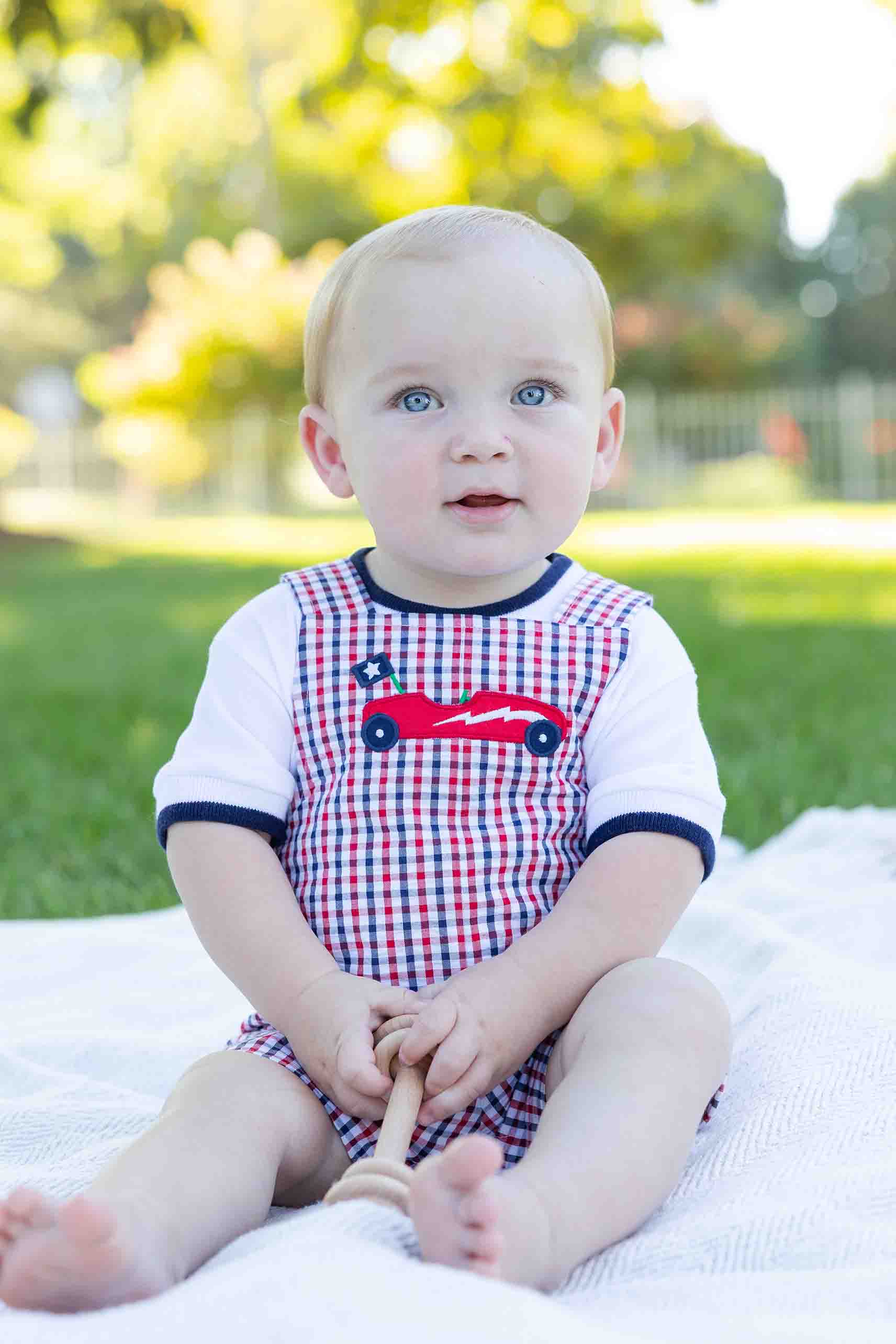 Plaid Seersucker Shortall With Derby Car
