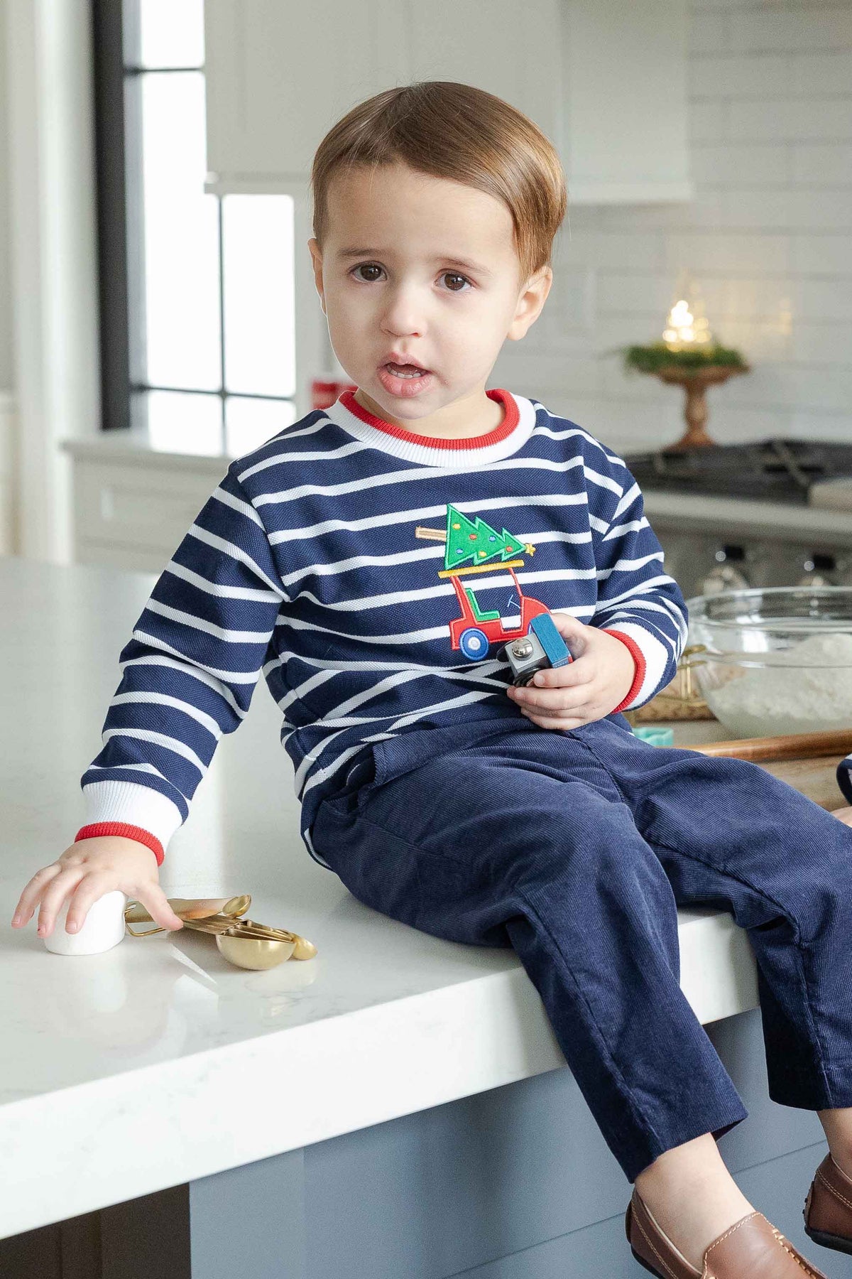 Stripe Knit Shirt with Golf Cart & Christmas Tree