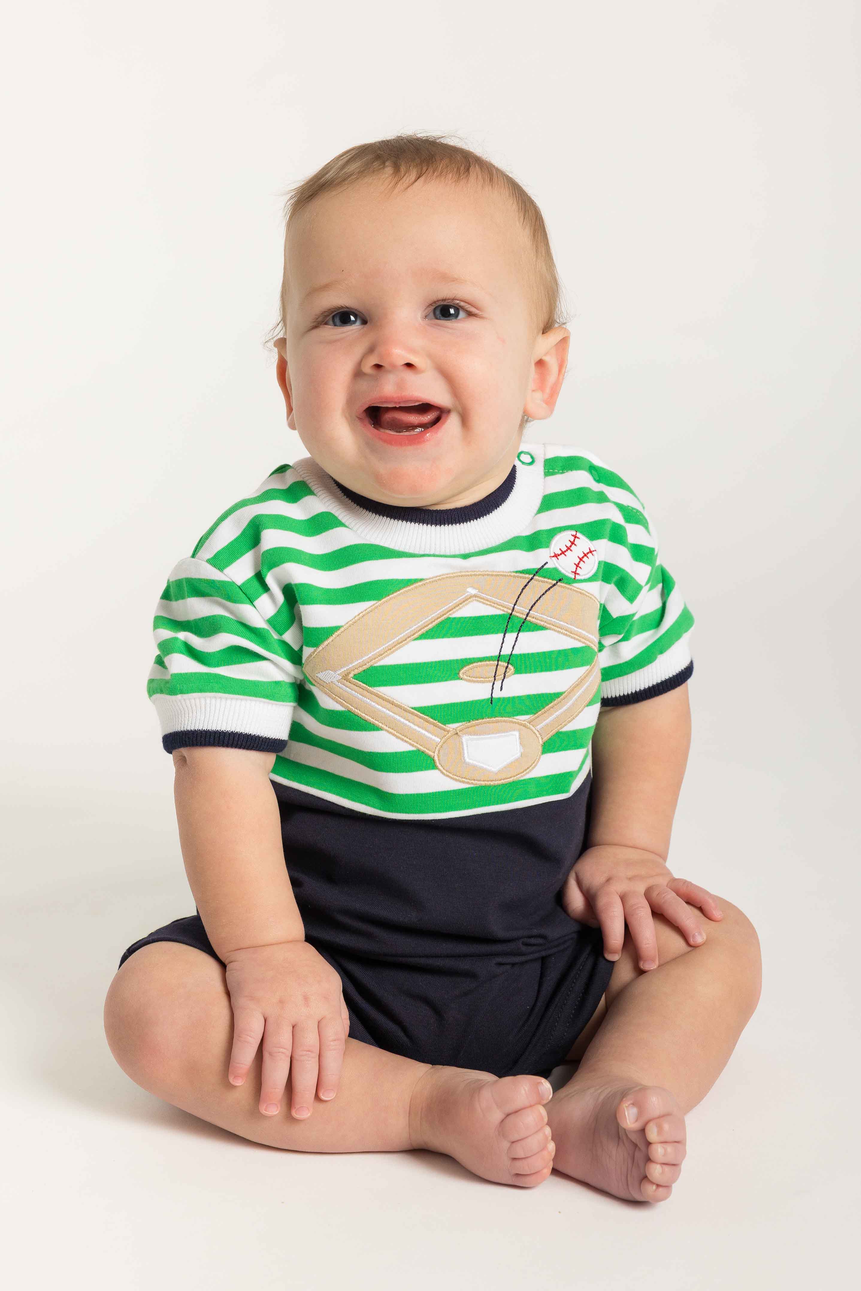 Stripe Knit Shortall With Baseball Field