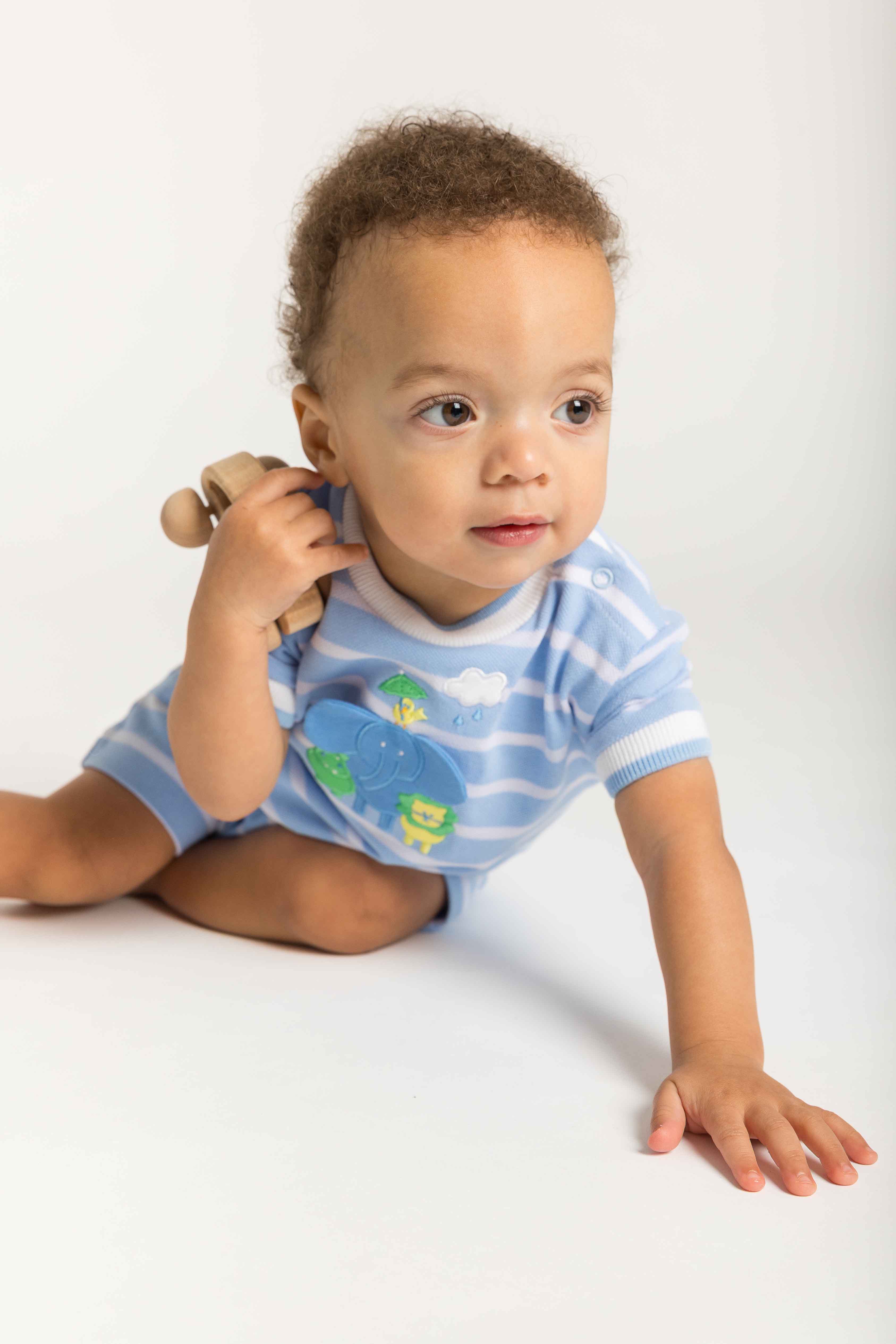 Stripe Knit Shortall With Elephant & Friends