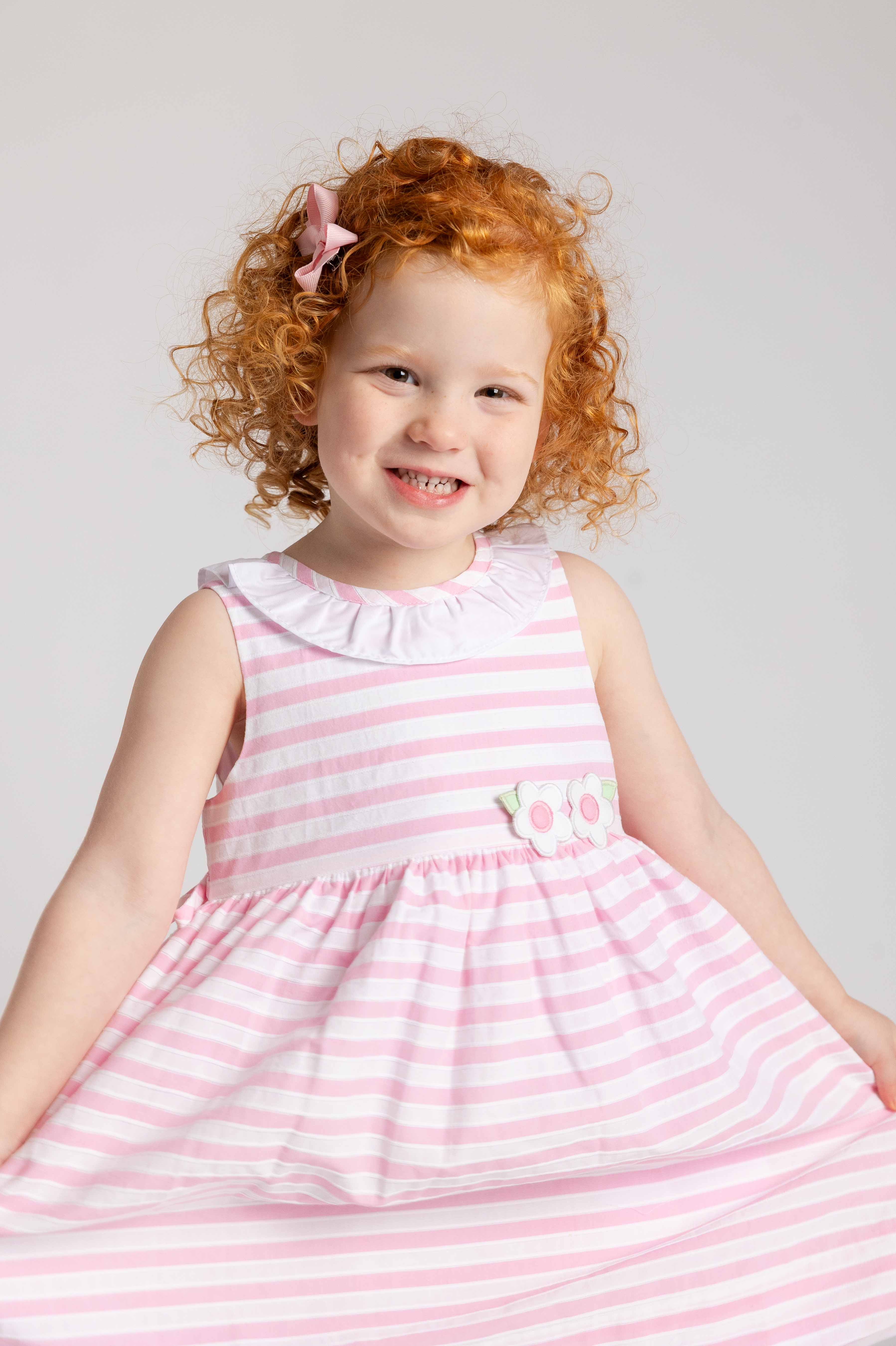 Pink Stripe Dress with Flower and Ruffle Neck