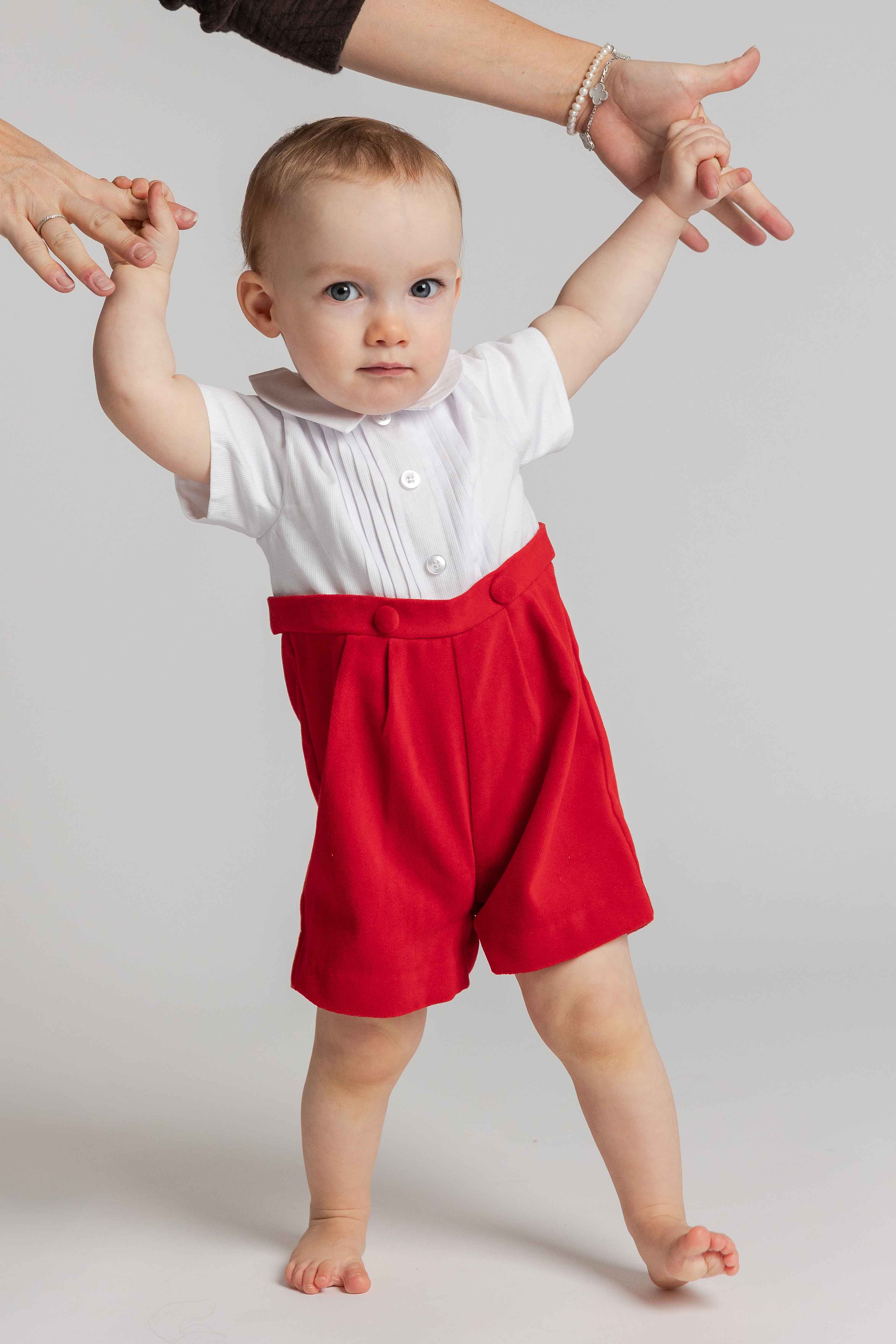 Red Pique And Velvet Short Sleeve All In One Shortall